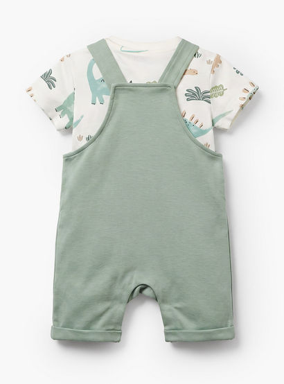 Juniors Crew Neck Short Sleeves T-shirt and Dungaree Set with Dinosaur Print-baby-boys-clothing-setsandcoords-image-2