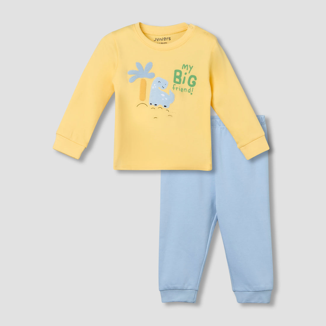 Juniors Cotton Crew Neck Long Sleeves Pyjama Set with Dinosaur Applique - Multicolour / 12-18 mths