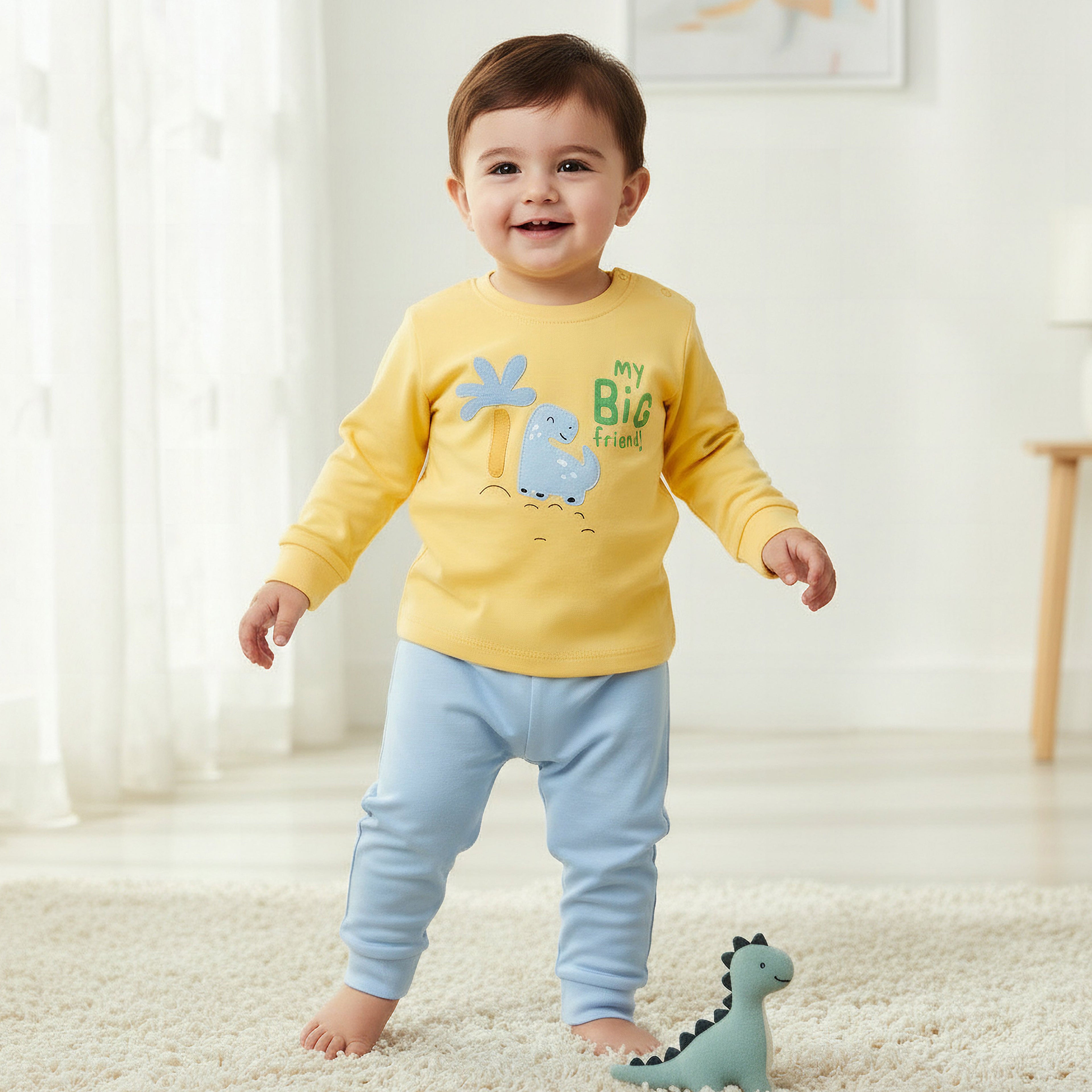 Juniors Cotton Crew Neck Long Sleeves Pyjama Set with Dinosaur Applique