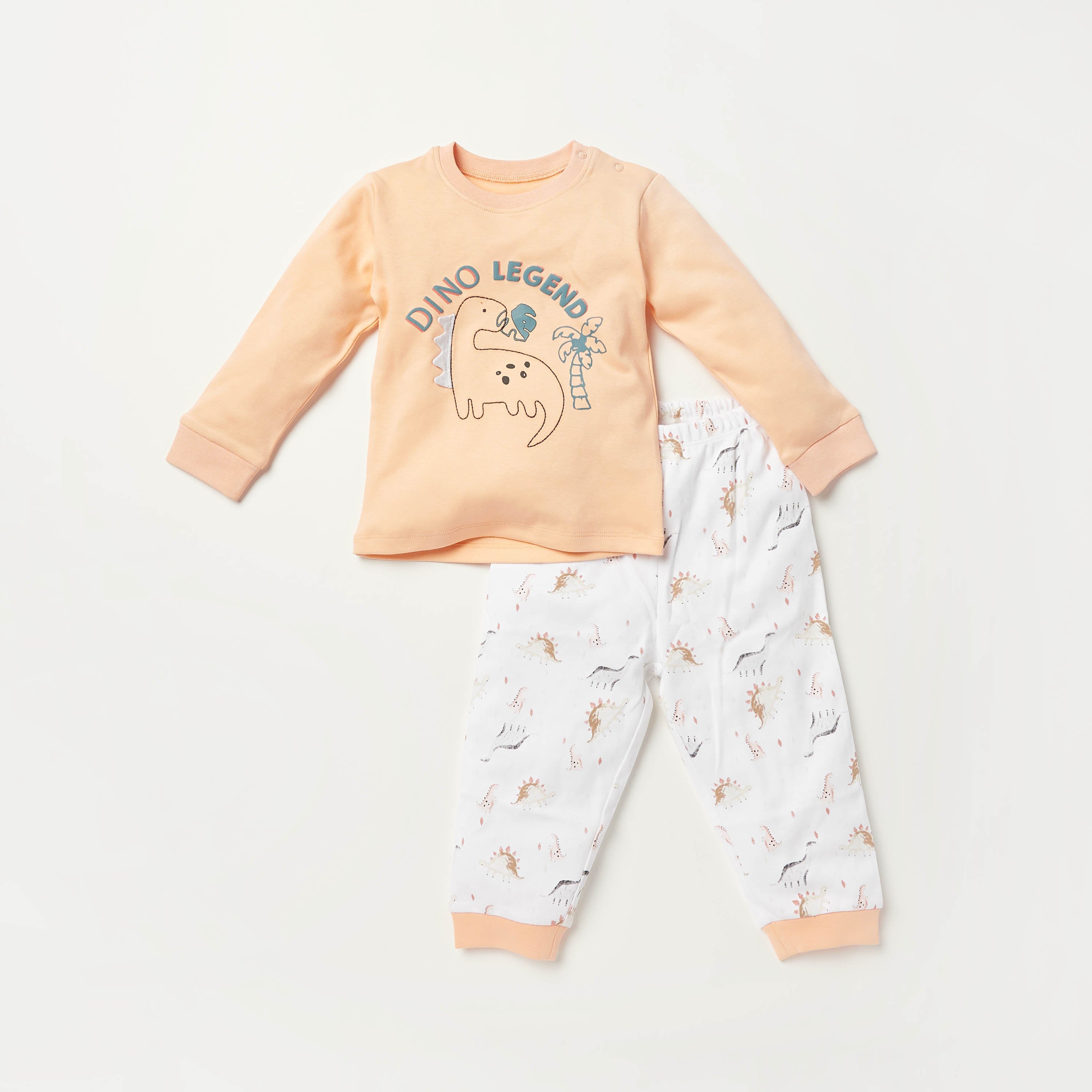 Juniors Dinosaur Print Long Sleeves T-shirt and Pyjama Set - Orange / 12-18 mths