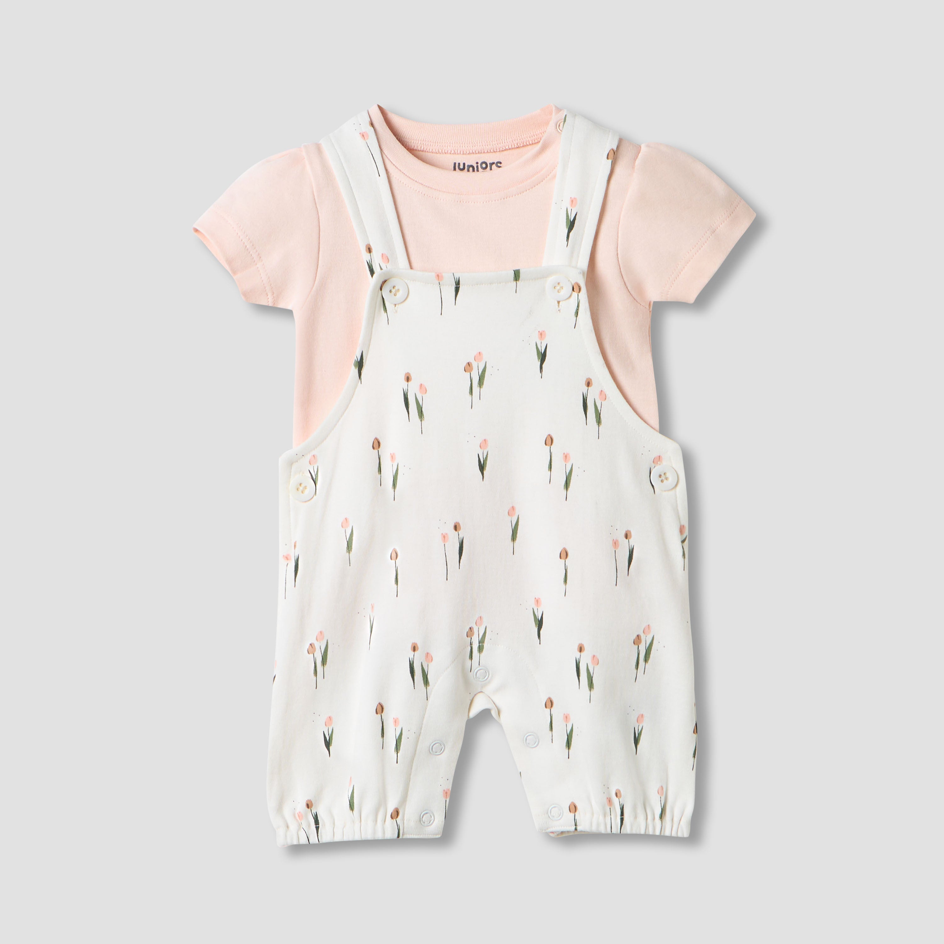 Juniors Floral Print Dungaree and T-shirt Set - Pink / 12-18 mths