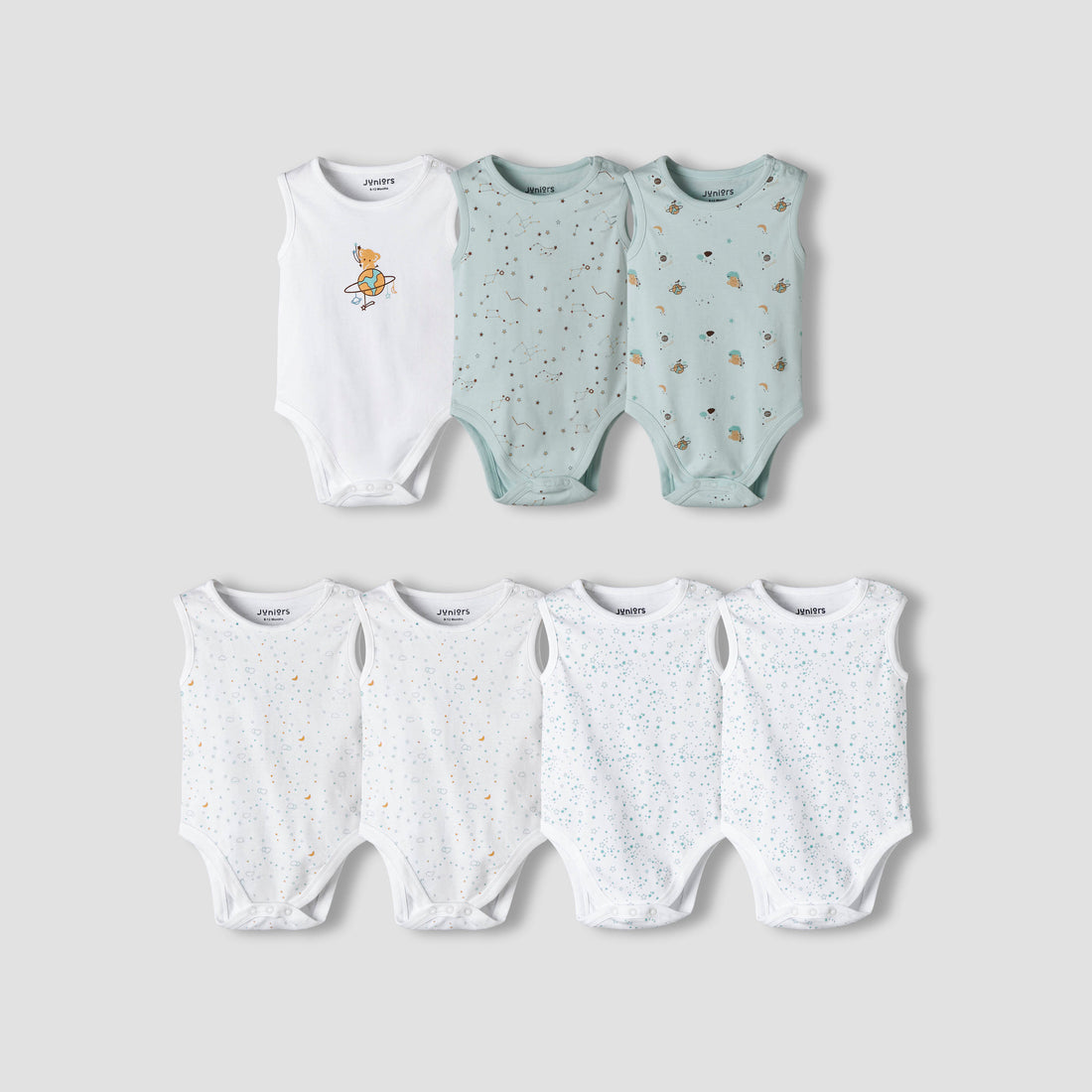 Pack of 7 Juniors Round Neck Cotton Sleeveless Bodysuit with Assorted Print - Green / 12-18 mths