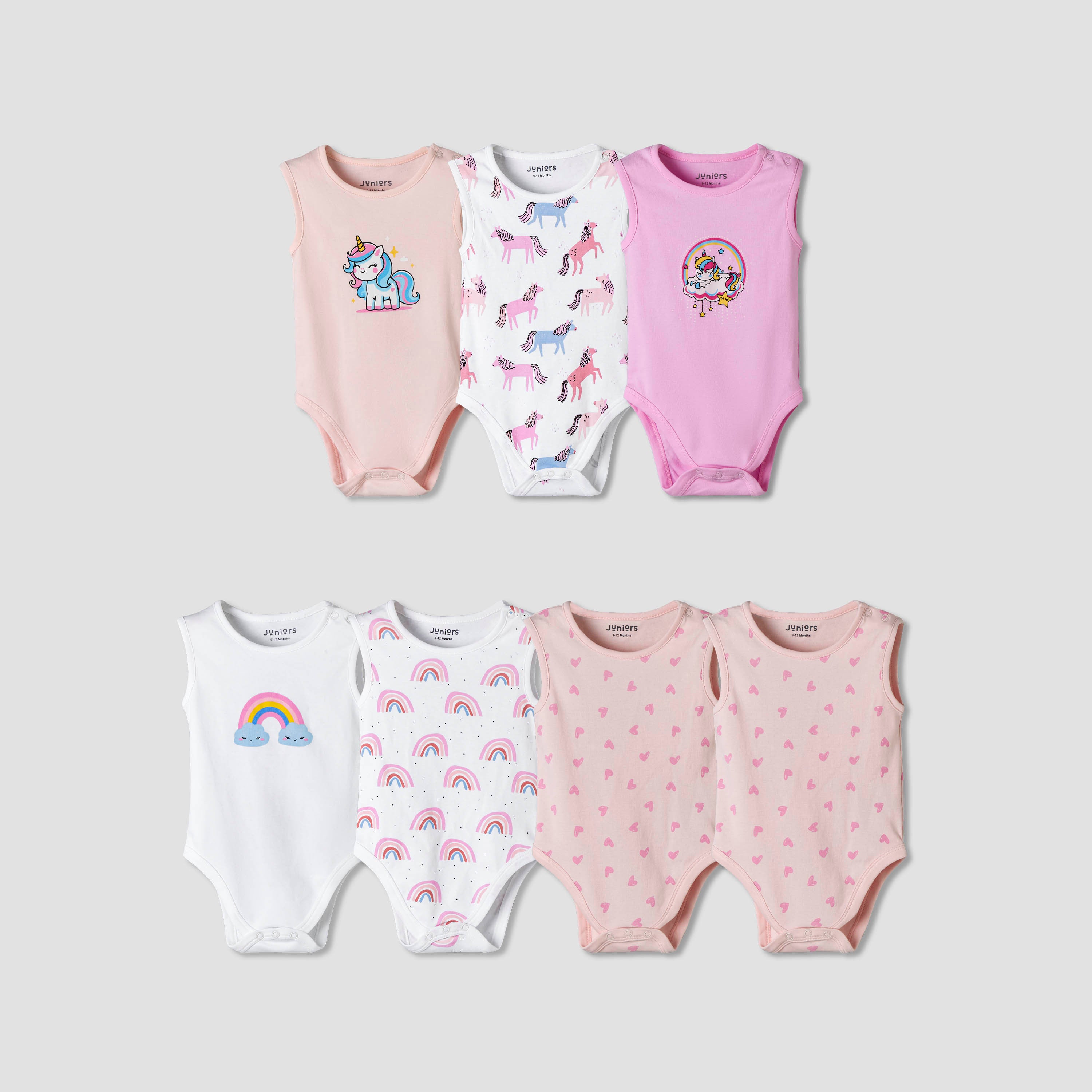 Pack of 7 Juniors Cotton Sleeveless Bodysuit with Unicorn Print - Pink / 12-18 mths