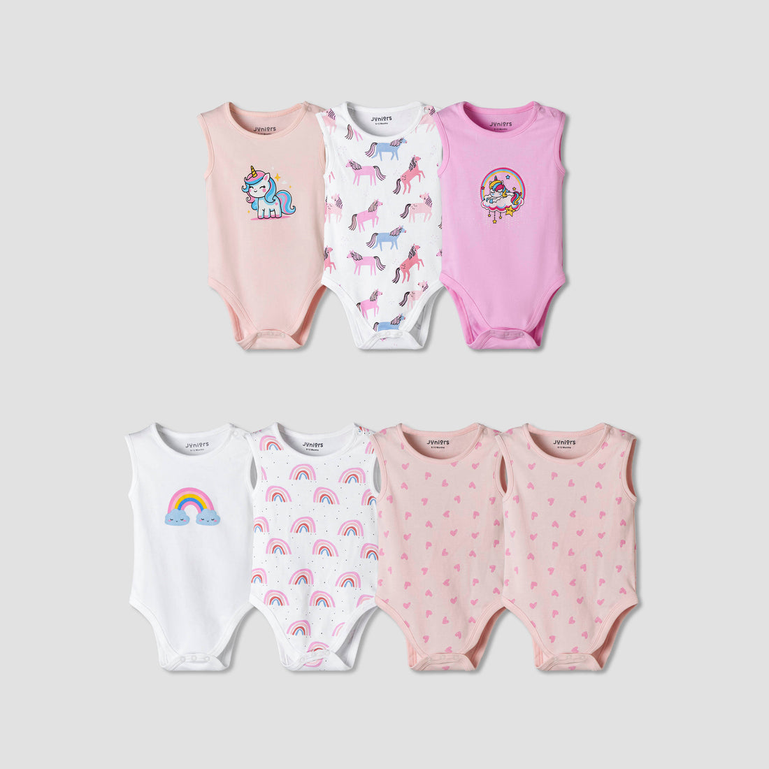 Pack of 7 Juniors Cotton Sleeveless Bodysuit with Unicorn Print