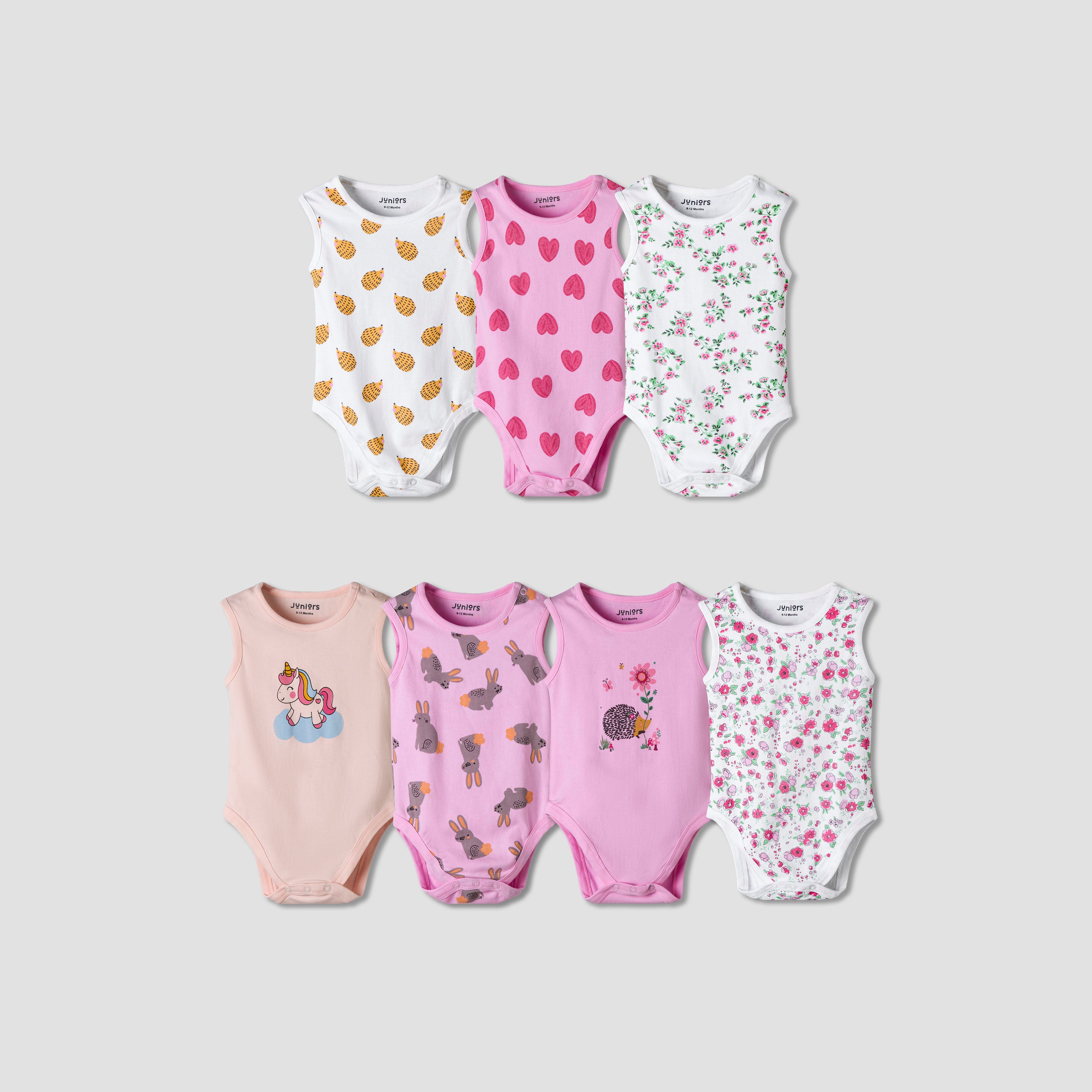 Pack of 7 Juniors Cotton Sleeveless Bodysuit with Assorted Print - Pink / 12-18 mths