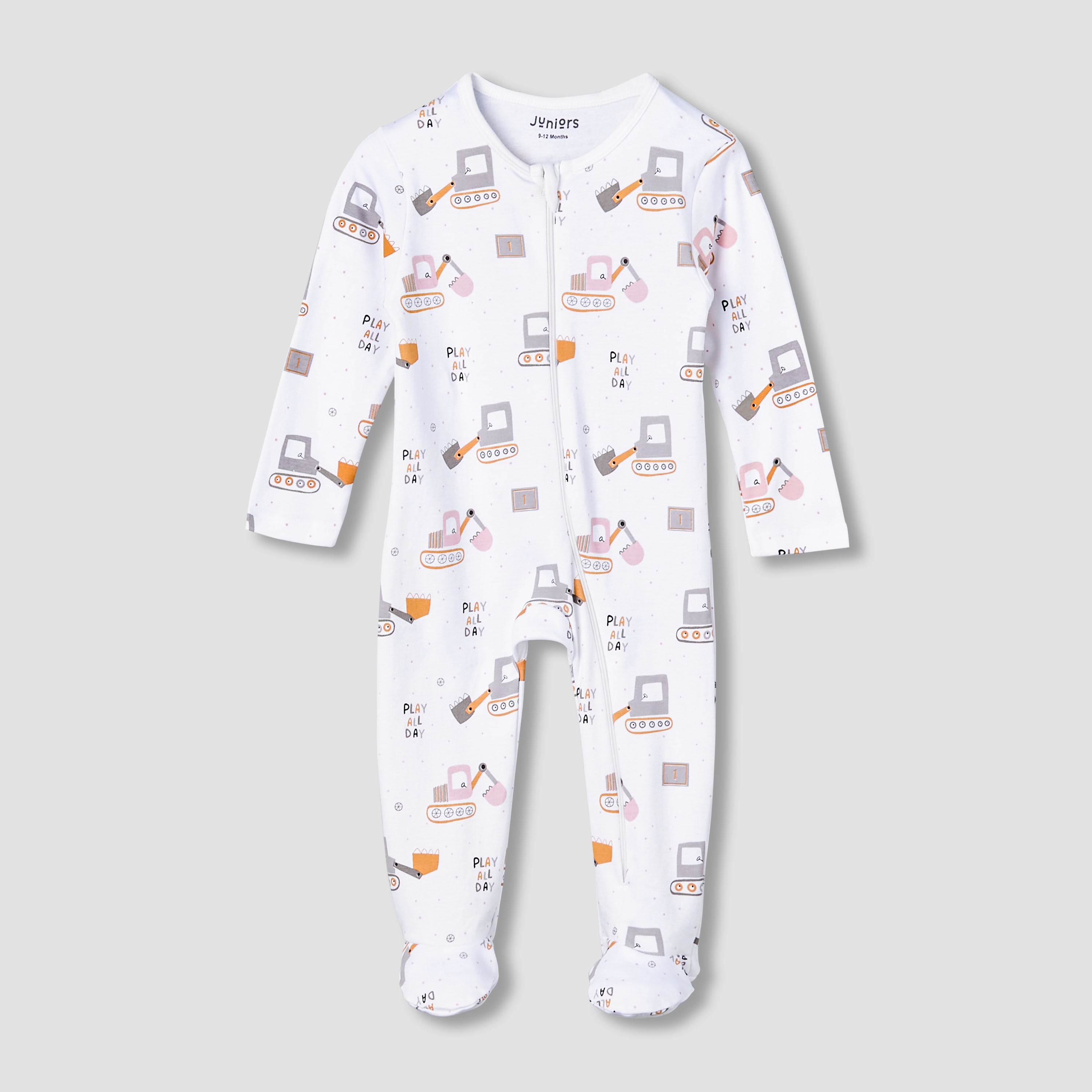 Juniors Cotton Round Neck Long Sleeve Sleepsuit with Zip Closure - White / 12-18 mths