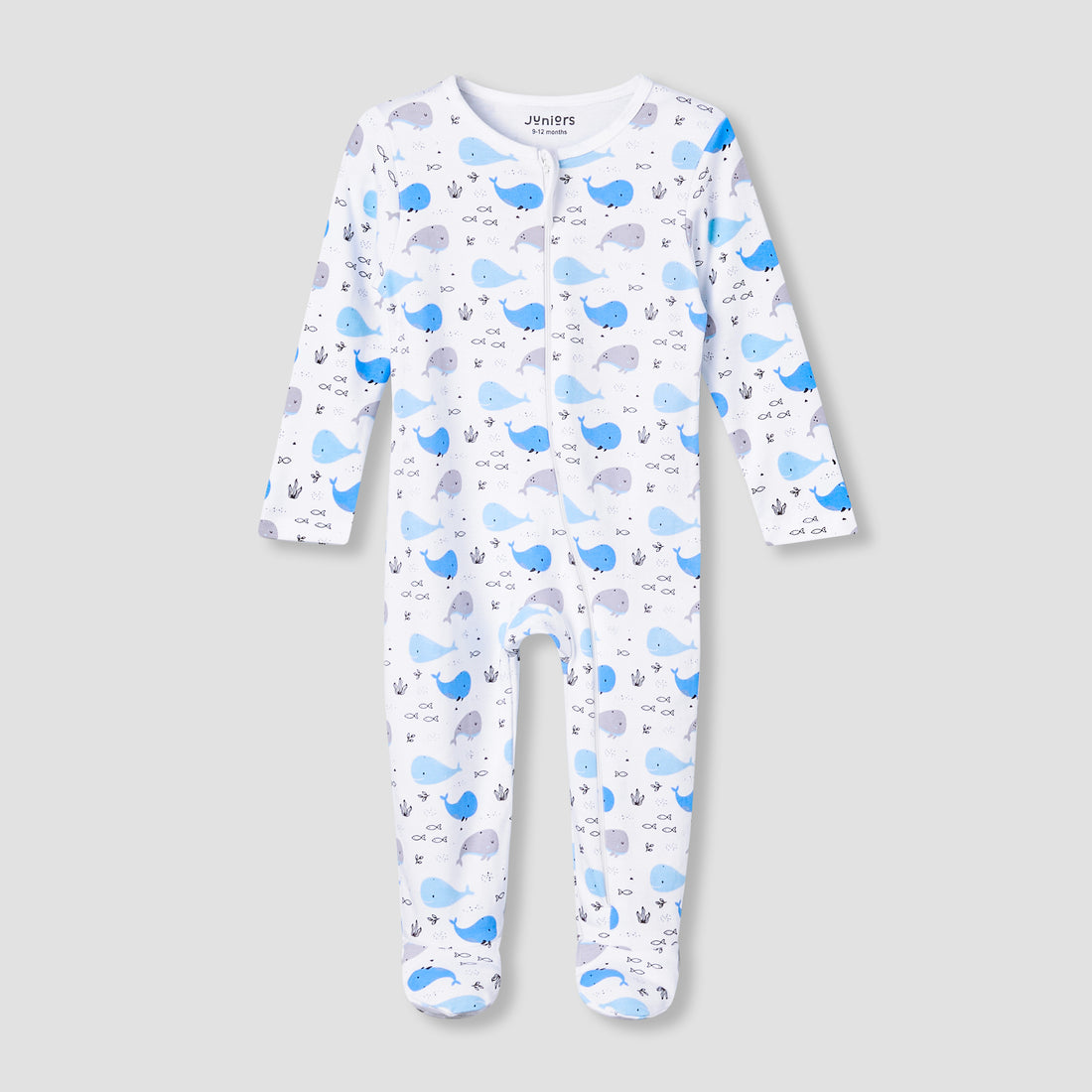 Juniors Cotton Round Neck Long Sleeve Sleepsuit with Zip Closure - Multicolour / 12-18 mths