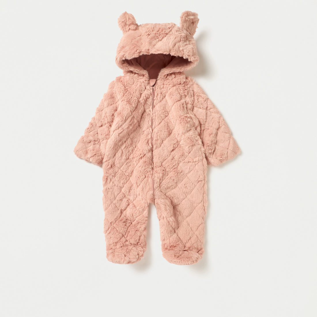 Juniors Faux Fur Textured Hooded Sleepsuit with Applique Detail and Zip Closure - Pink / 9-12 mths