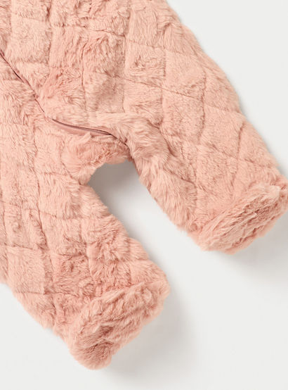 Juniors Faux Fur Textured Hooded Sleepsuit with Applique Detail and Zip Closure-baby-girls-clothing-nightwear-sleepsuits-image-4