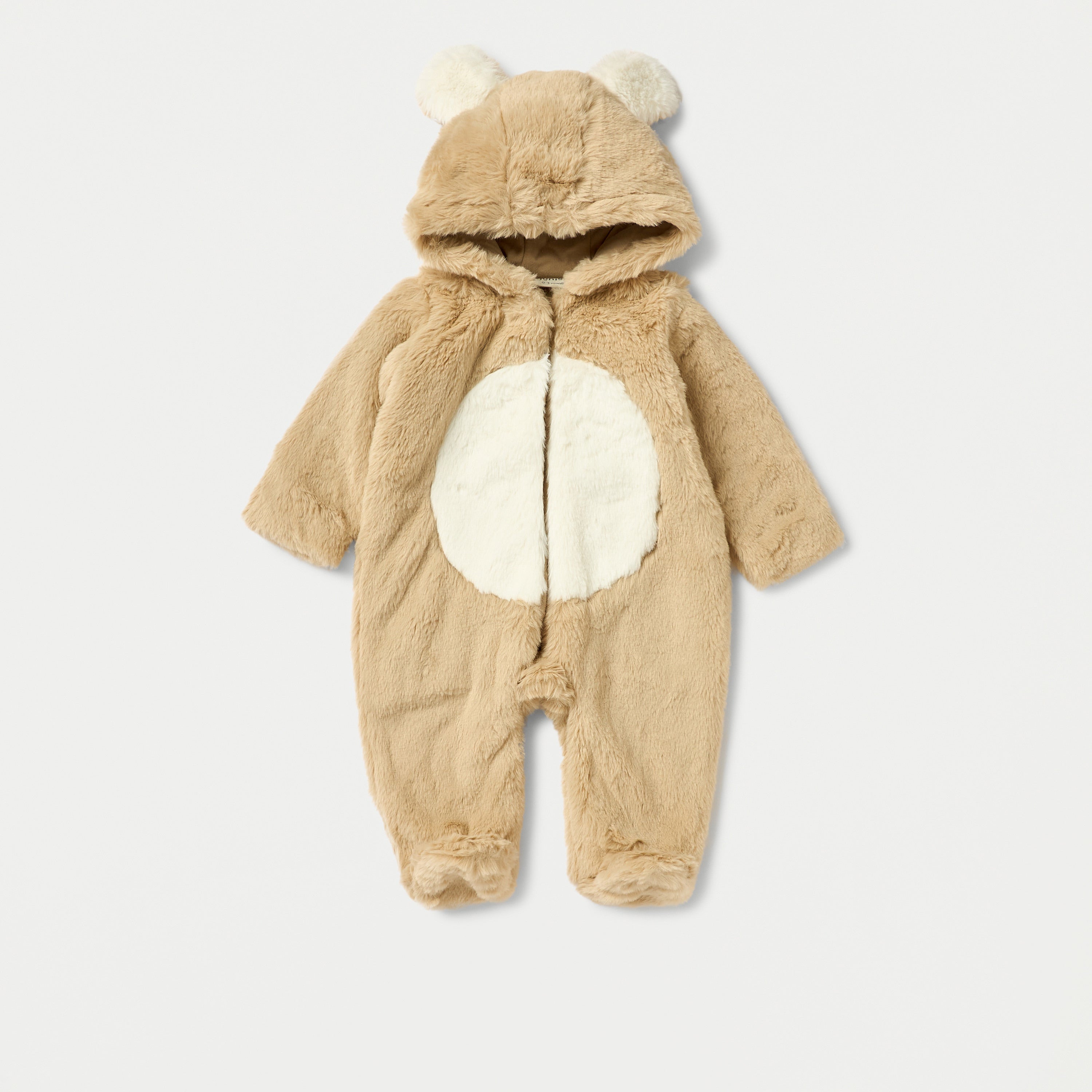 Juniors Faux Fur Textured Hooded Sleepsuit with Zip Closure - Beige / 9-12 mths