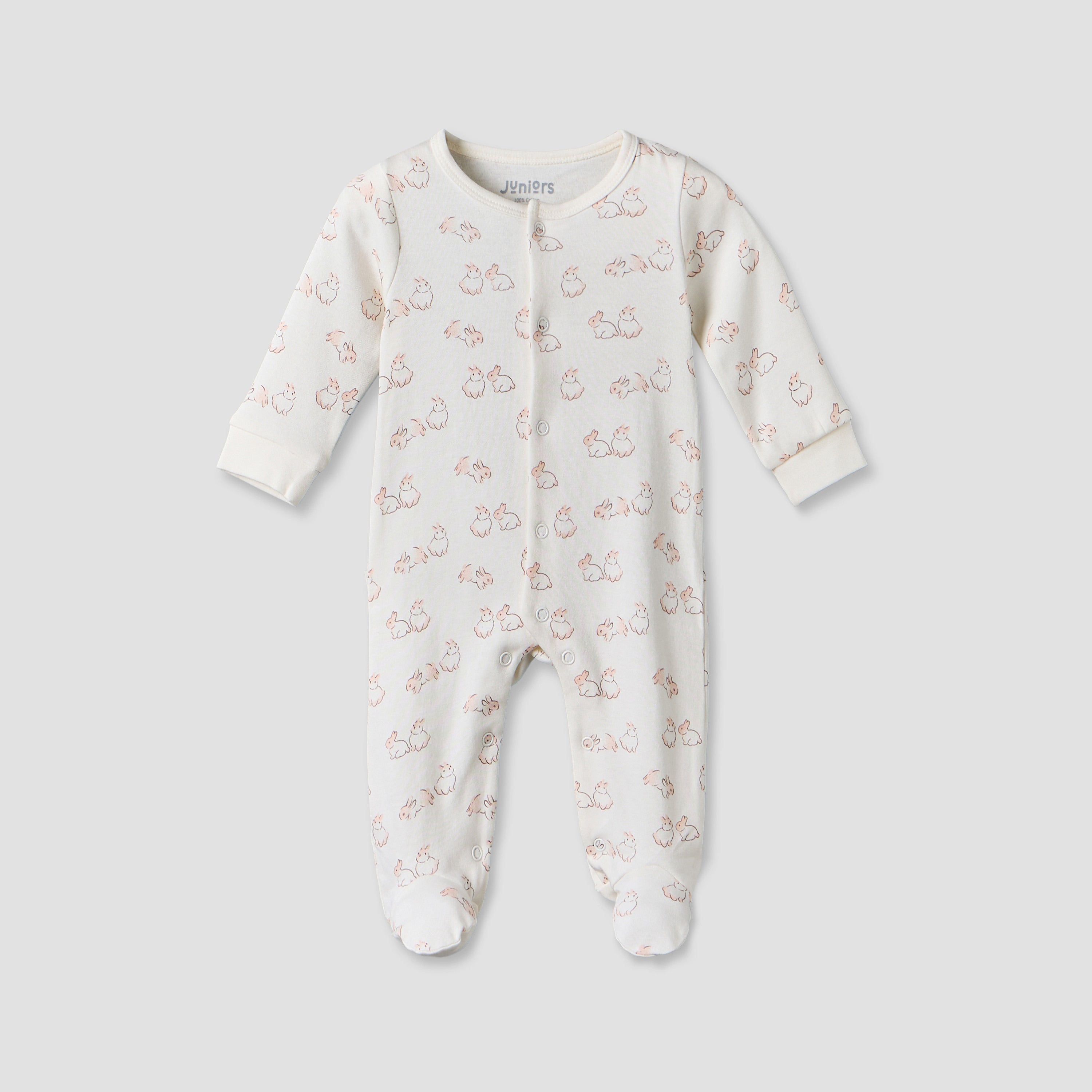 Pack of 2 Juniors Cotton Round Neck Long Sleeves Sleepsuit with Bunny Print