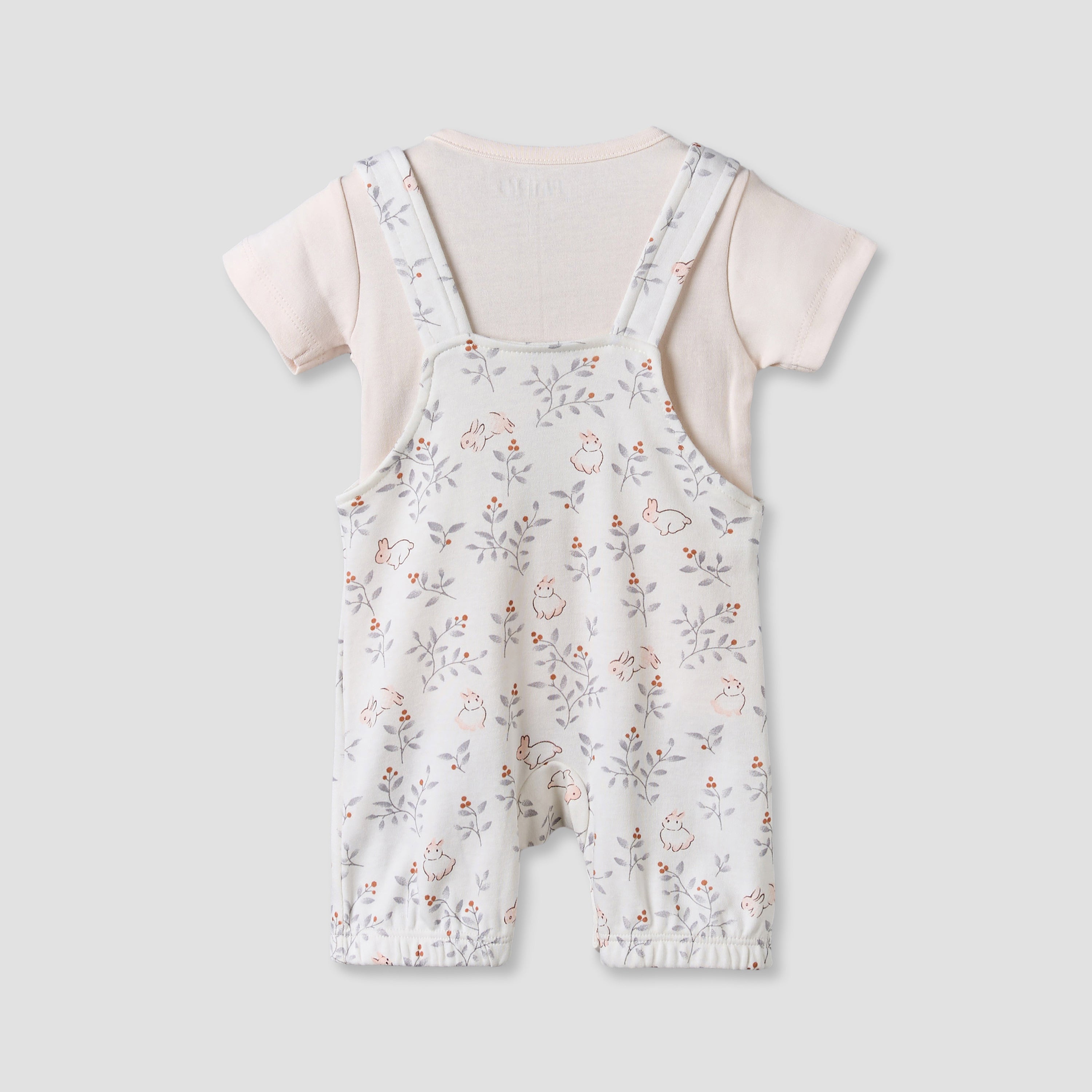 Juniors Round Neck Short Sleeves T-shirt and Dungaree Set with Bunny Print