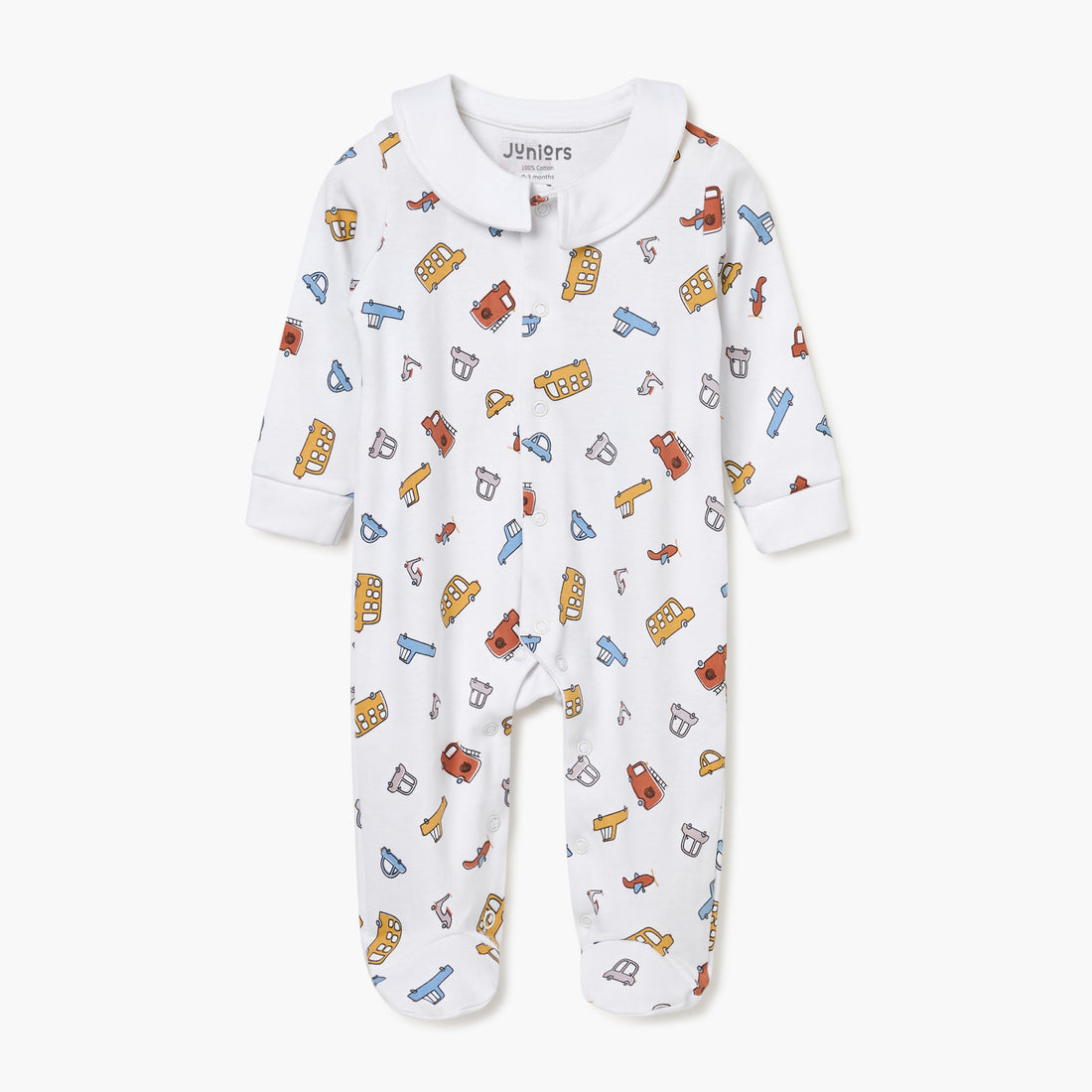 Juniors Vehicle Print Sleepsuit with Long Sleeves and Button Closure - White / 9-12 mths