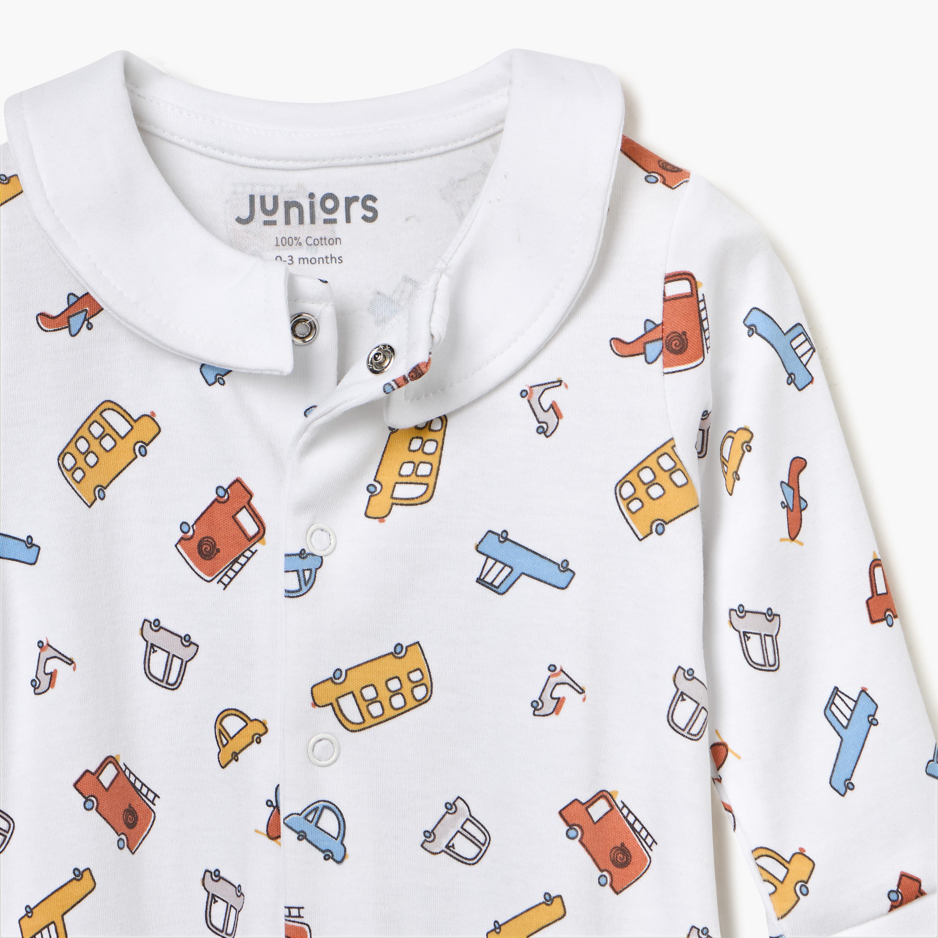 Juniors Vehicle Print Sleepsuit with Long Sleeves and Button Closure