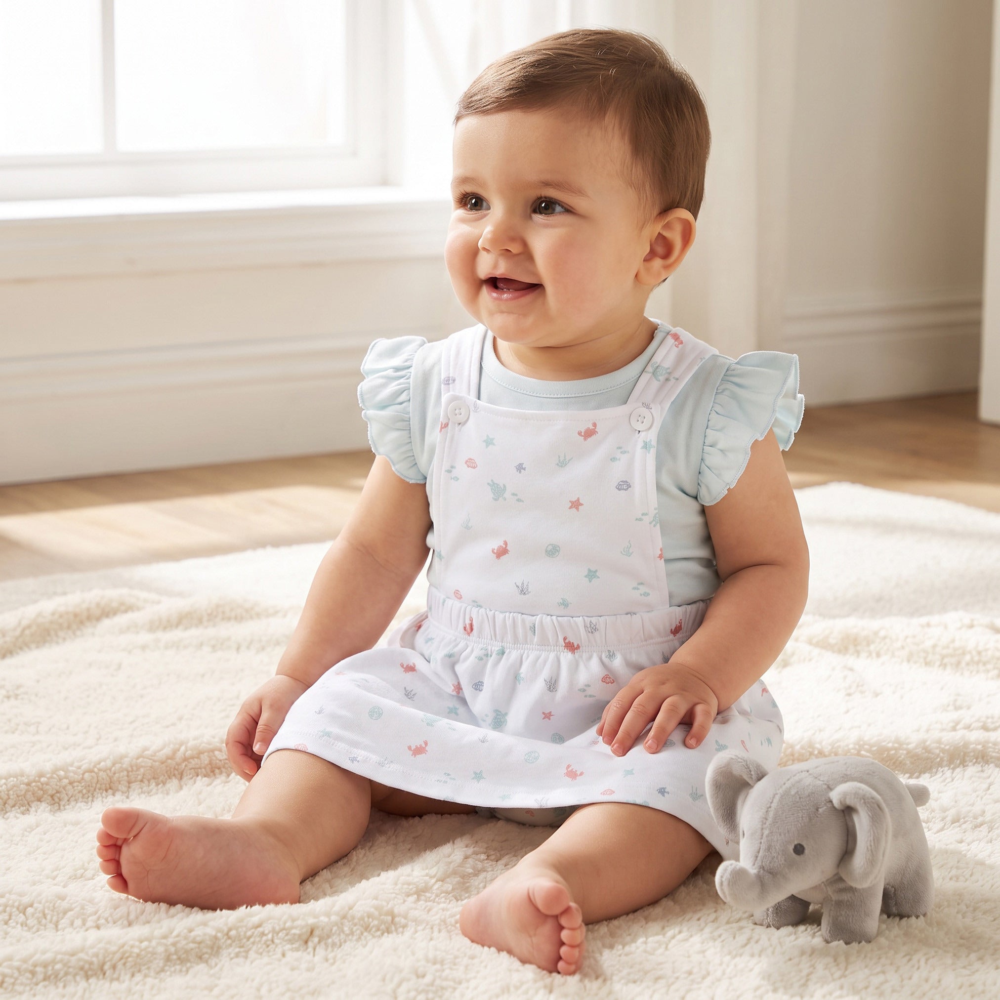 Juniors Crew Neck Sleeveless Top and Dungaree Dress Set with Aquatic Print - White / 12-18 mths
