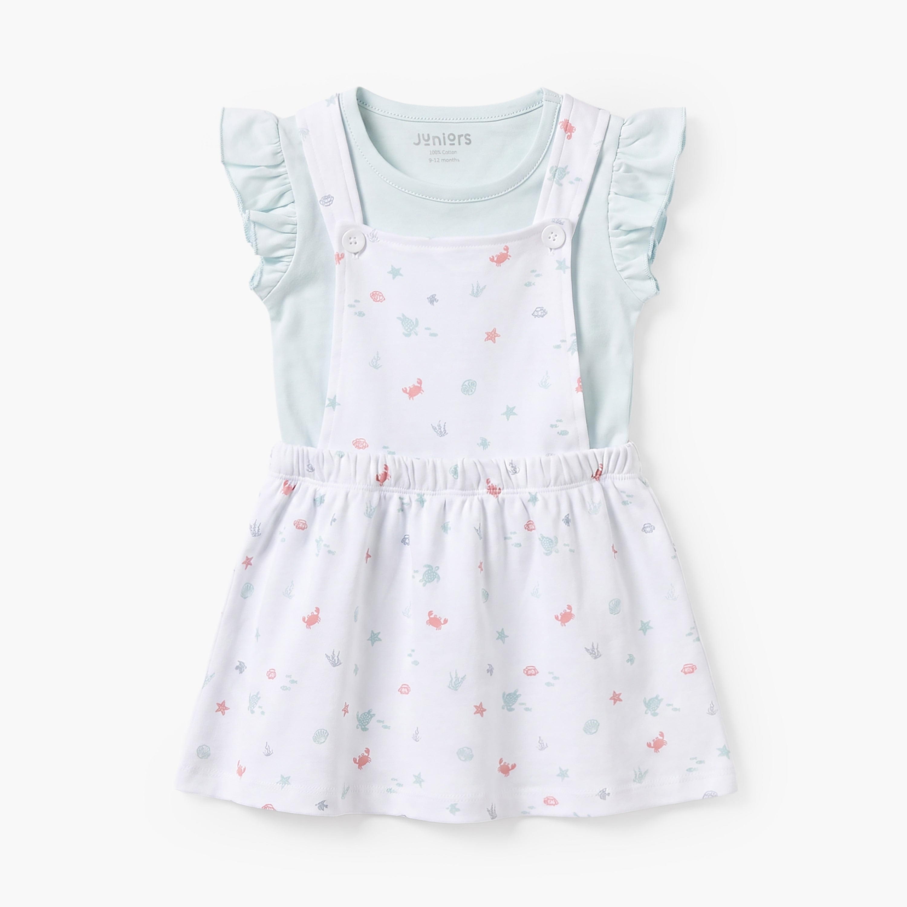 Juniors Crew Neck Sleeveless Top and Dungaree Dress Set with Aquatic Print