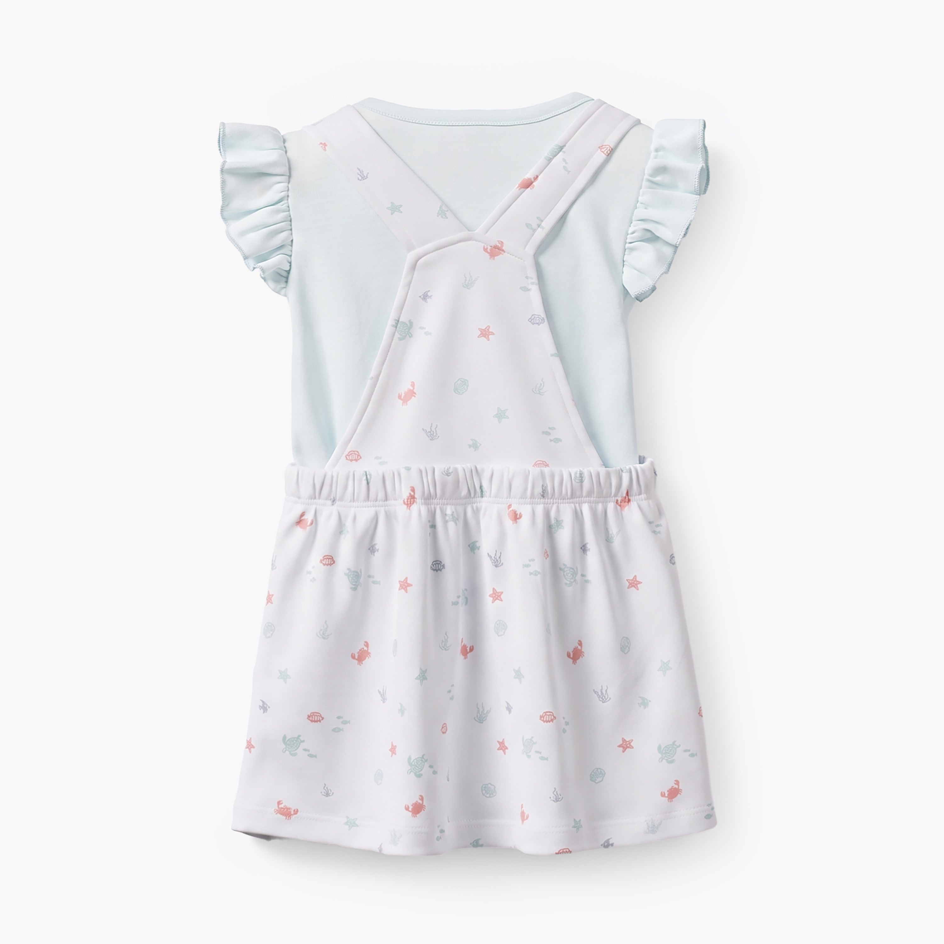 Juniors Crew Neck Sleeveless Top and Dungaree Dress Set with Aquatic Print