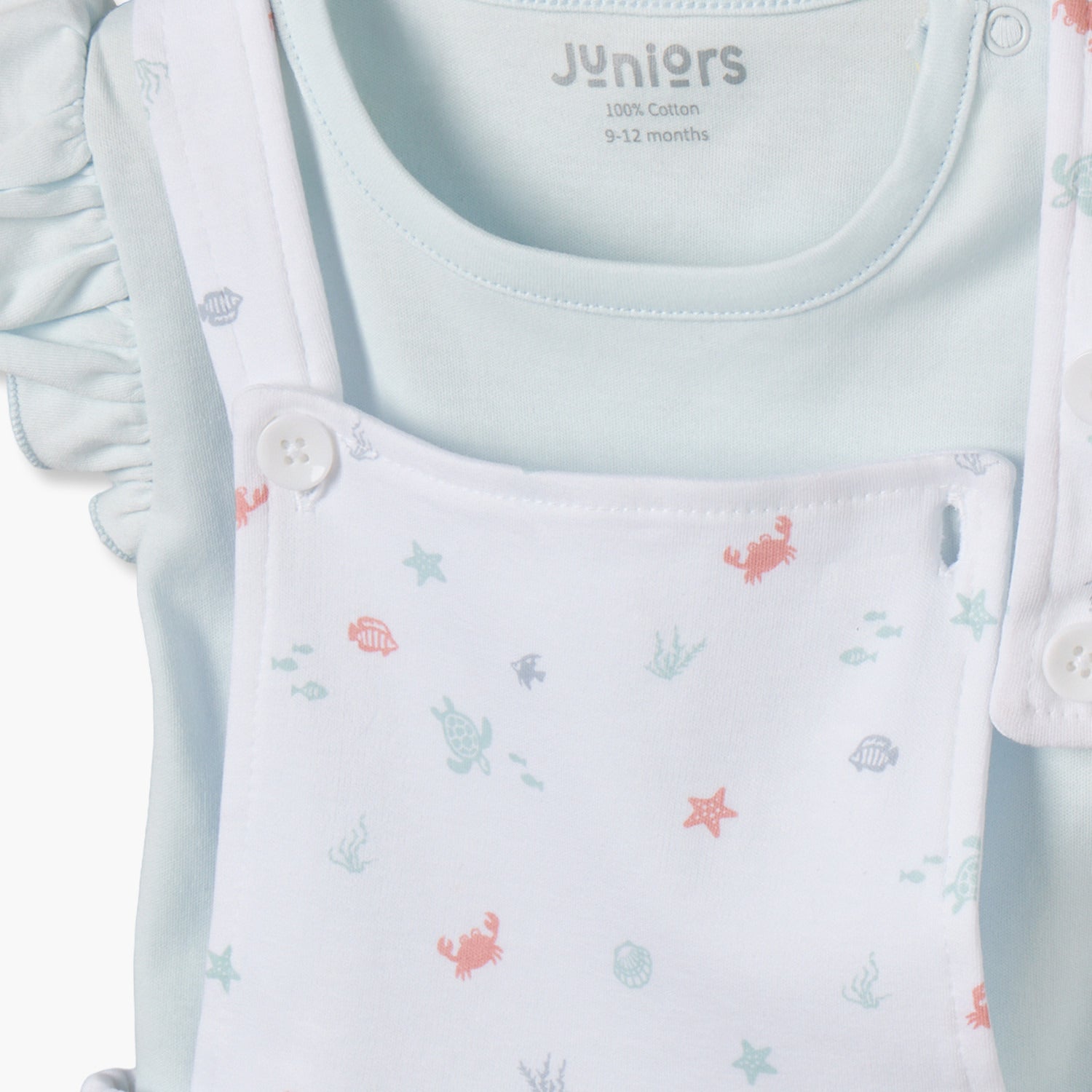 Juniors Crew Neck Sleeveless Top and Dungaree Dress Set with Aquatic Print