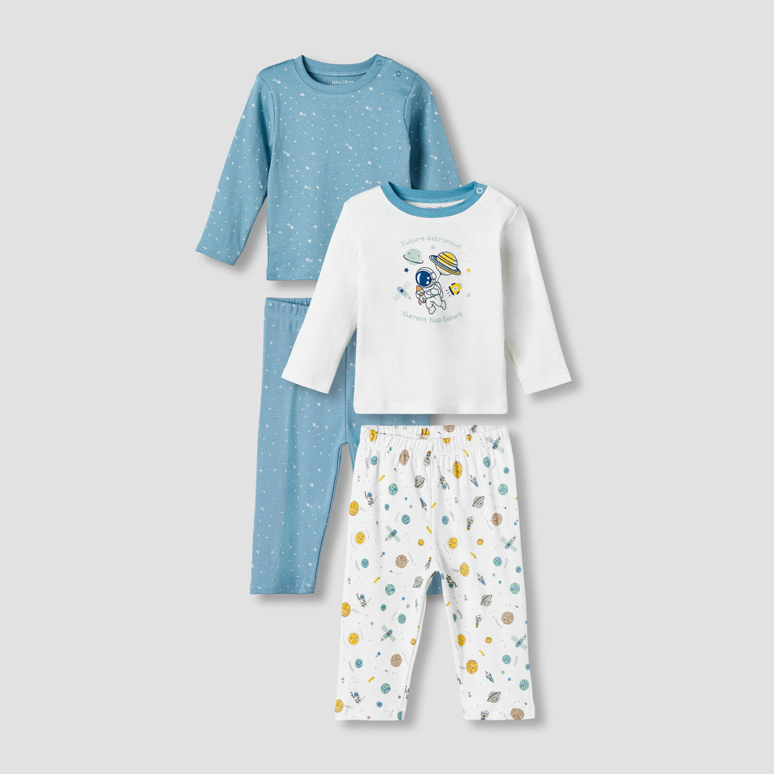 Pack of 2 Juniors Cotton Long Sleeves Pyjama Set with Space Print - Blue / 12-18 mths