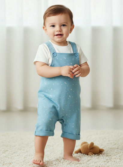 Juniors Round Neck Short Sleeves T-shirt and Dungaree Set with Print-baby-boys-clothing-setsandcoords-image-1
