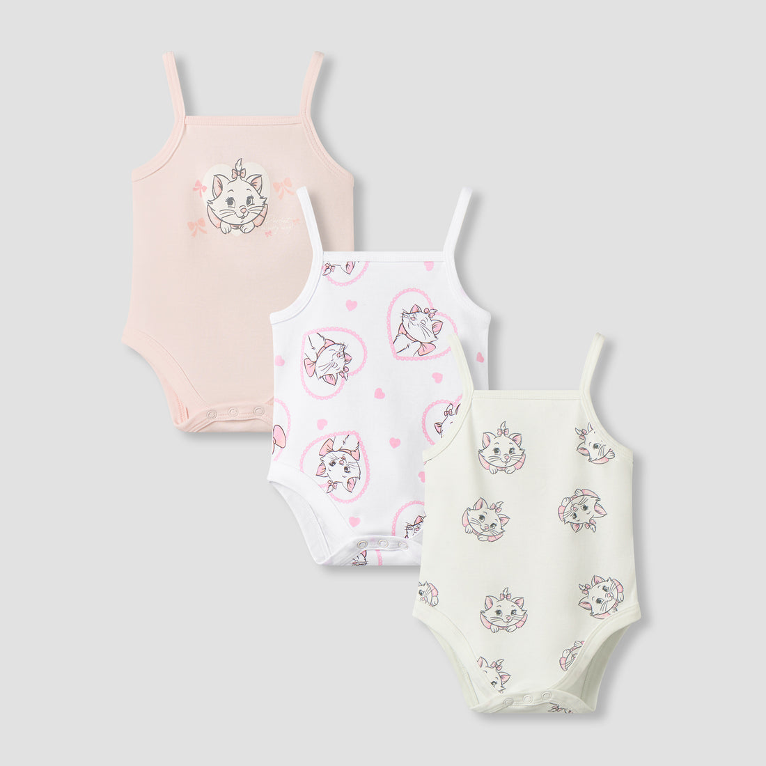 Pack of 3 Disney Square Neck Strappy Bodysuit with Marie Print - Pink / 12-18 mths