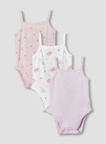 Pack of 3 Juniors Cotton Strappy Bodysuit with Dinosaur Print-baby-girls-clothing-bodysuits-image-1