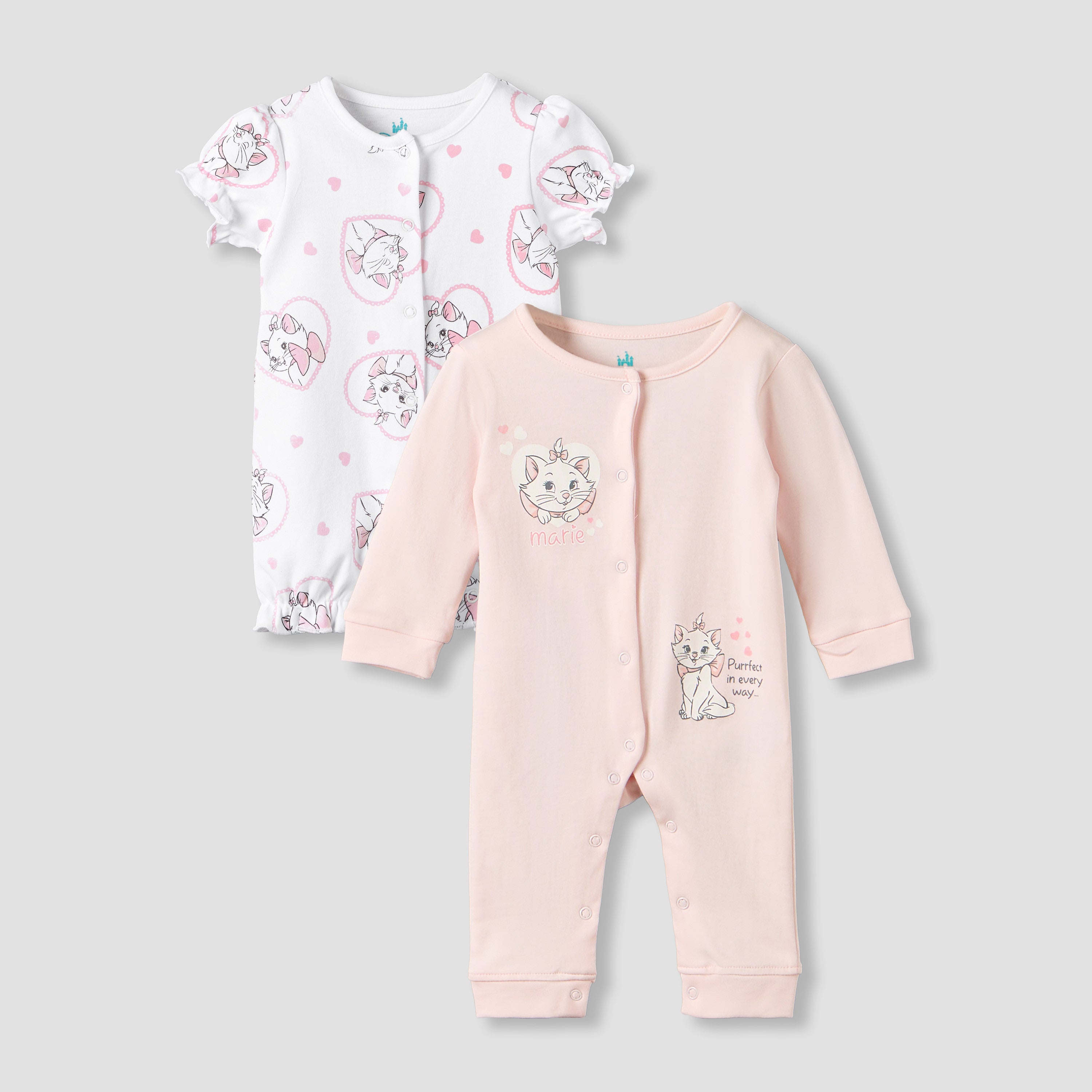 Set of 2 Disney Cotton Round Neck Sleepsuit and Romper with Marie Print - Multicolour / 12-18 mths