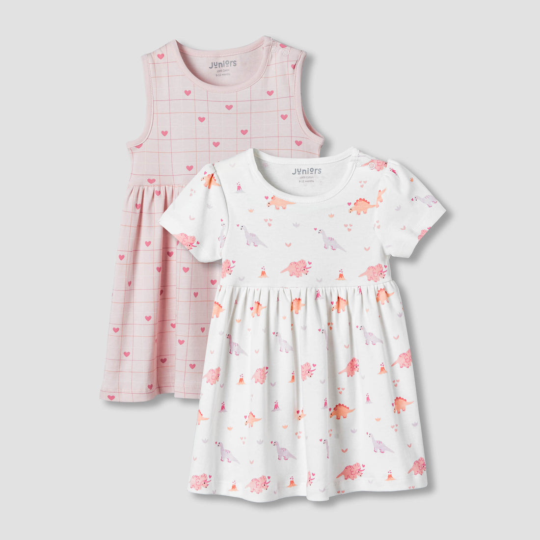 Pack of 2 Juniors Round Neck A-line Dress with Print - Pink / 12-18 mths