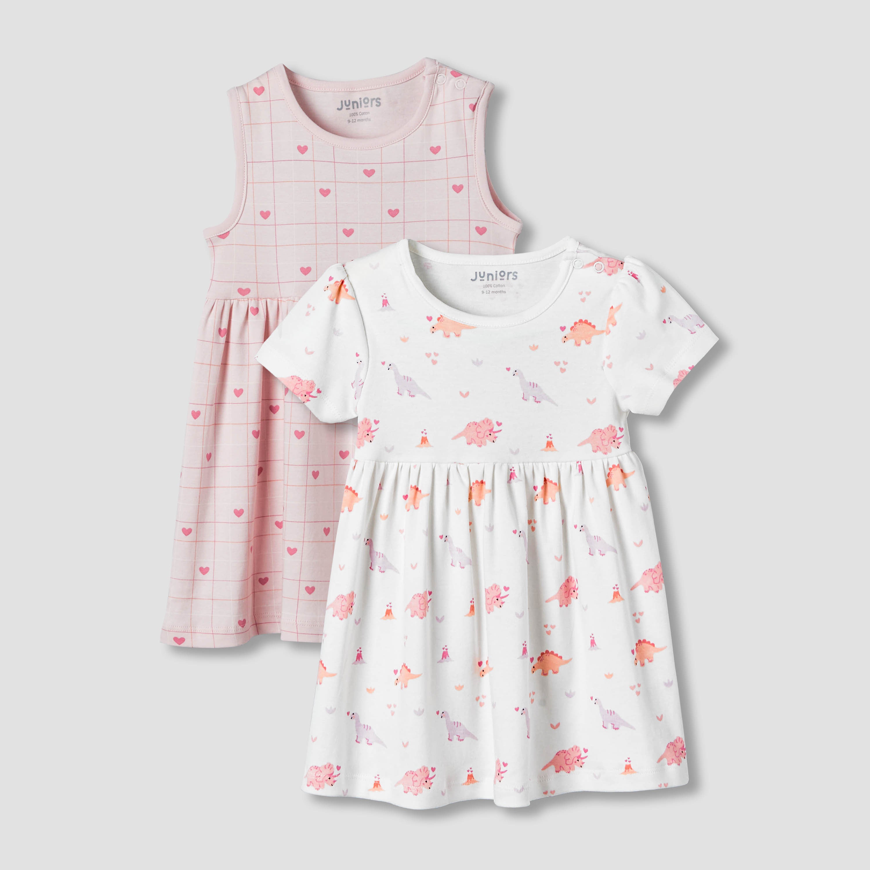 Pack of 2 Juniors Round Neck A-line Dress with Print - Pink / 12-18 mths