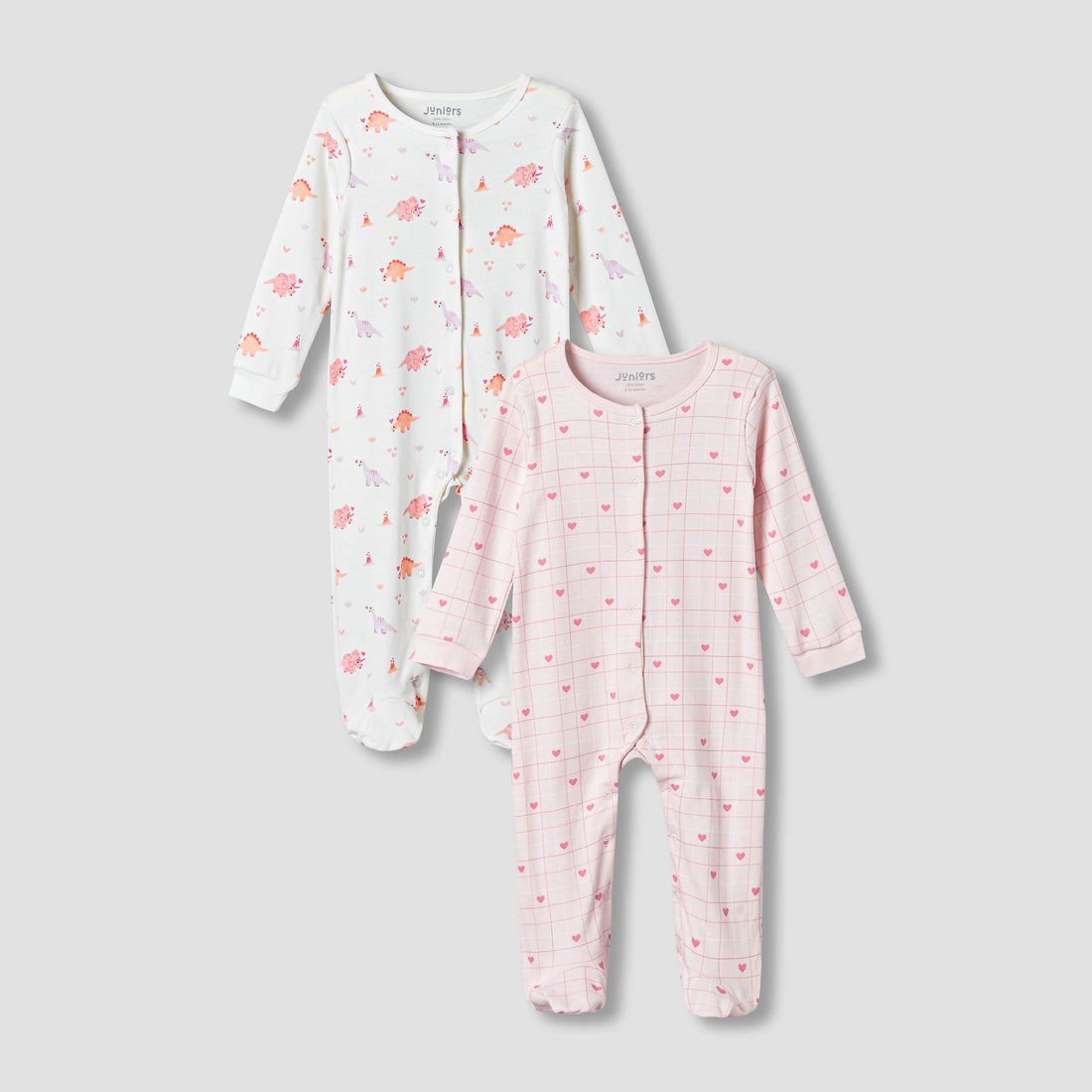 Pack of 2 Juniors Cotton Round Neck Long Sleeves Sleepsuit with Print