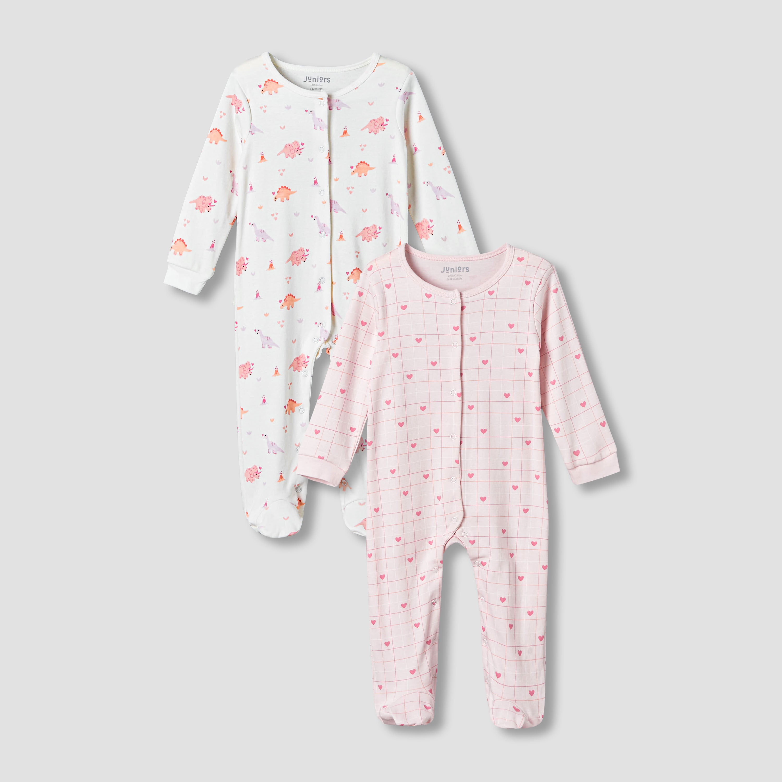 Pack of 2 Juniors Cotton Round Neck Long Sleeves Sleepsuit with Print - Pink / 9-12 mths