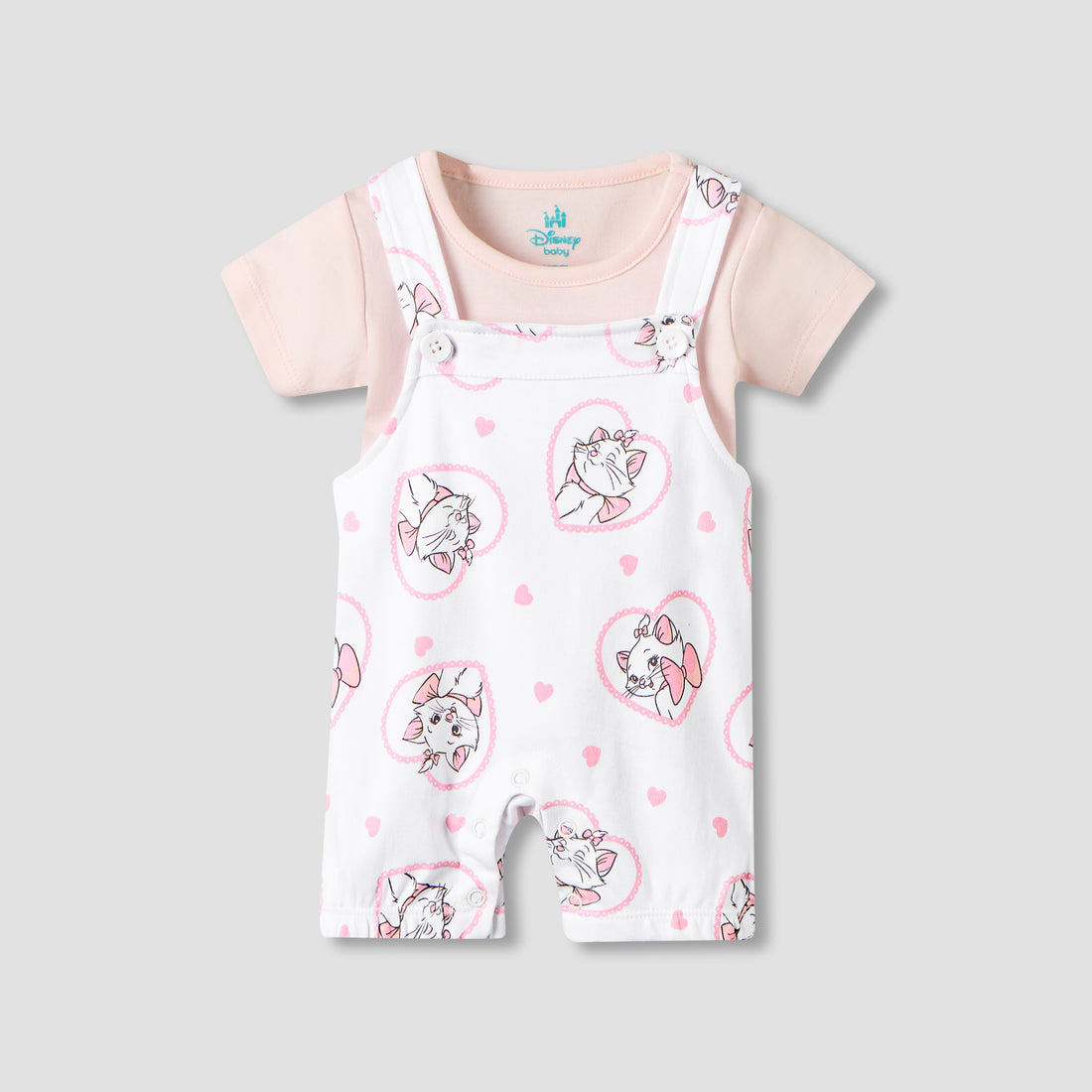 Disney Round Neck Short Sleeves T-shirt and Dungaree Set with Marie Print