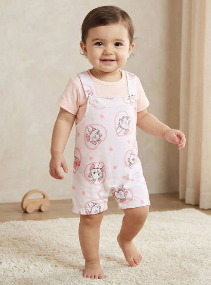 Disney Round Neck Short Sleeves T-shirt and Dungaree Set with Marie Print-baby-girls-clothing-setsandcoords-image-1