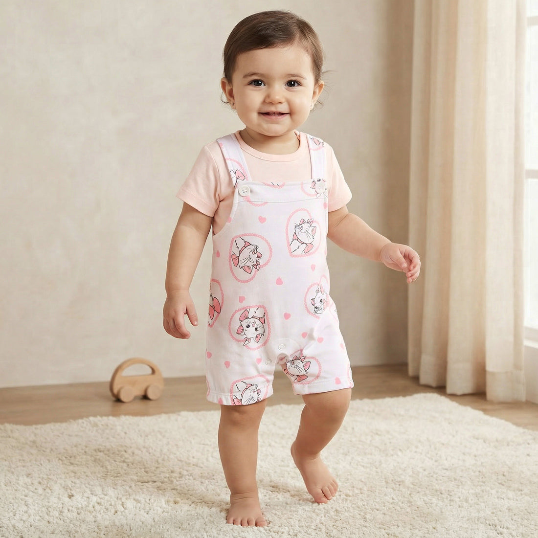 Disney Round Neck Short Sleeves T-shirt and Dungaree Set with Marie Print - Pink / 12-18 mths