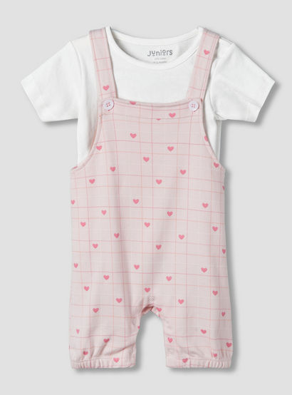 Juniors Short Sleeves T-shirt and Dungaree Set with Heart Print-baby-girls-clothing-setsandcoords-image-1