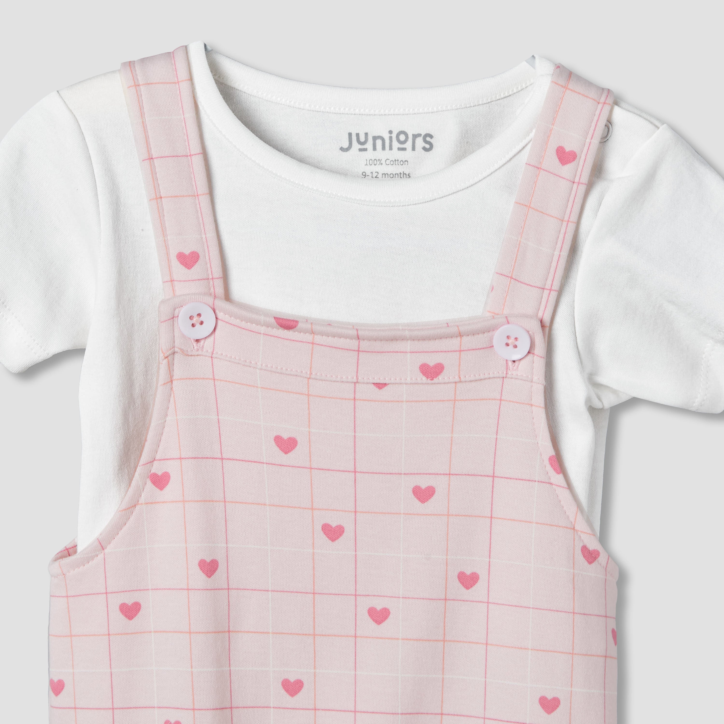 Juniors Short Sleeves T-shirt and Dungaree Set with Heart Print