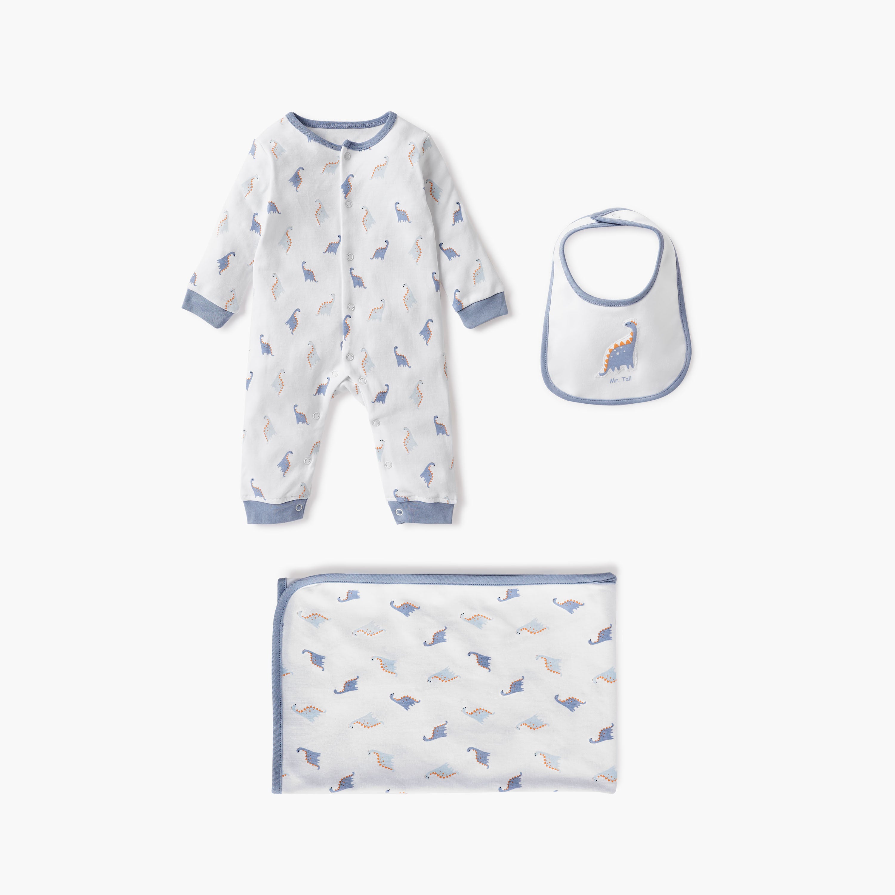 Juniors Dinosaur Print Sleepsuit with Bib and Receiving Blanket - Blue / 0-3 mths