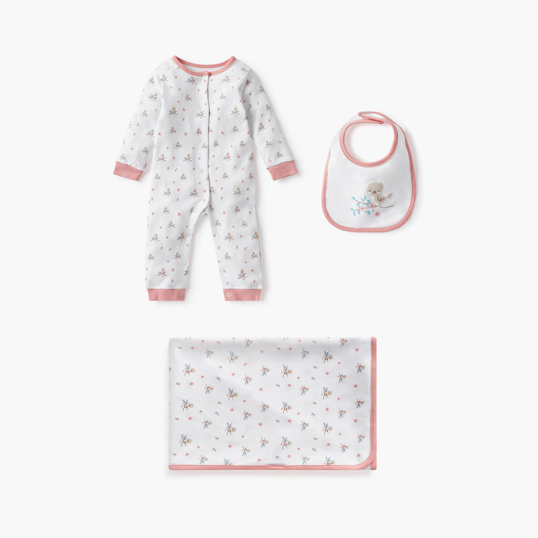 Juniors Printed Sleepsuit with Bib and Receiving Blanket - Pink / 3-6 mths