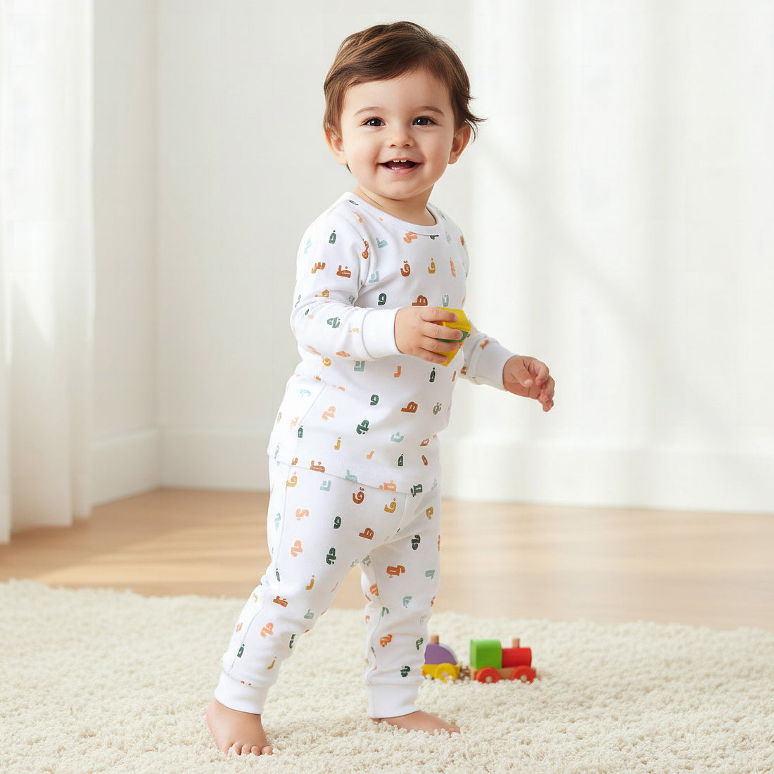 Juniors Cotton Round Neck Long Sleeves Pyjama Set with Arabic Alphabet Print - White / 12-18 mths
