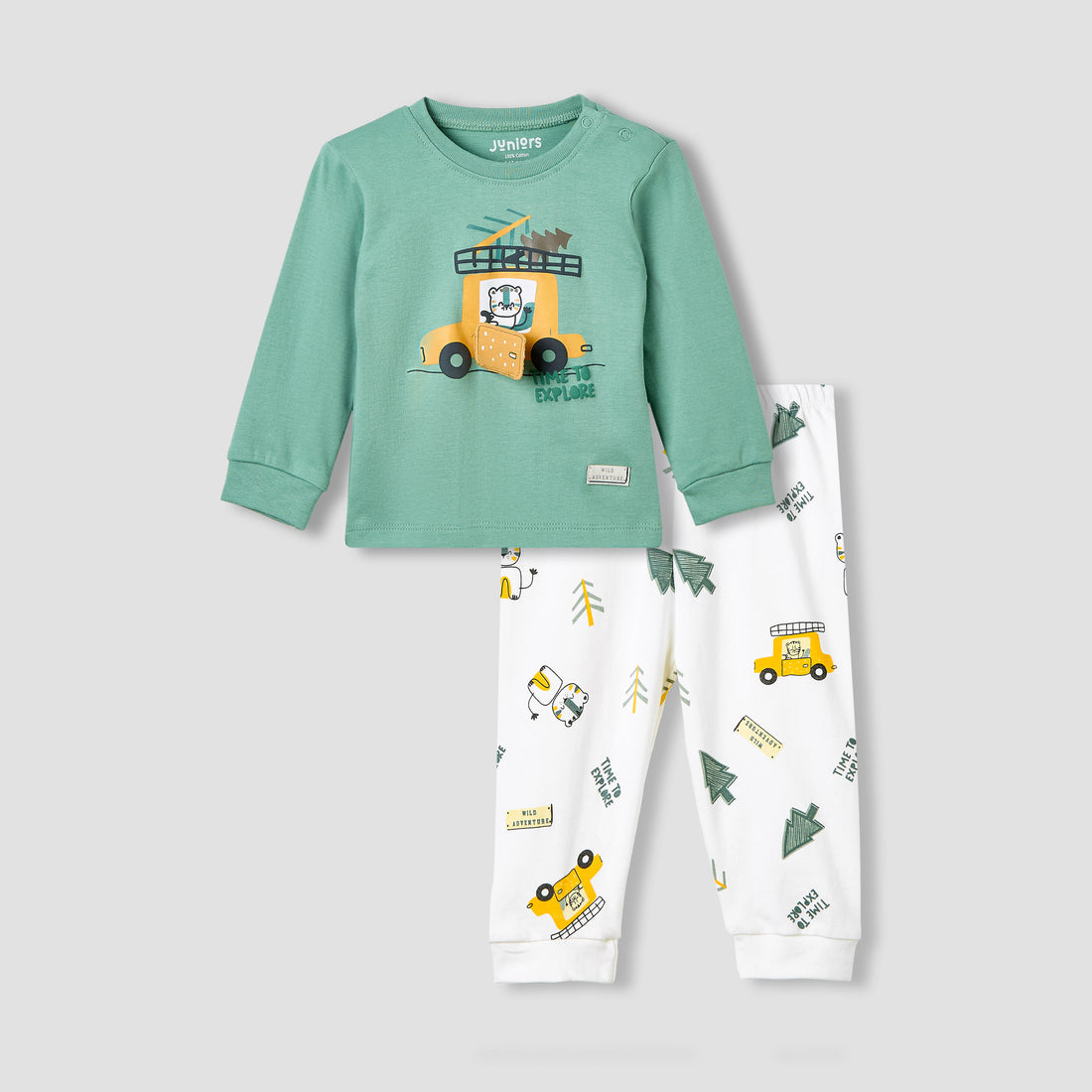 Juniors Pyjama Set with Print - Cotton - Long Sleeves - Round Neck - Green / 12-18 mths