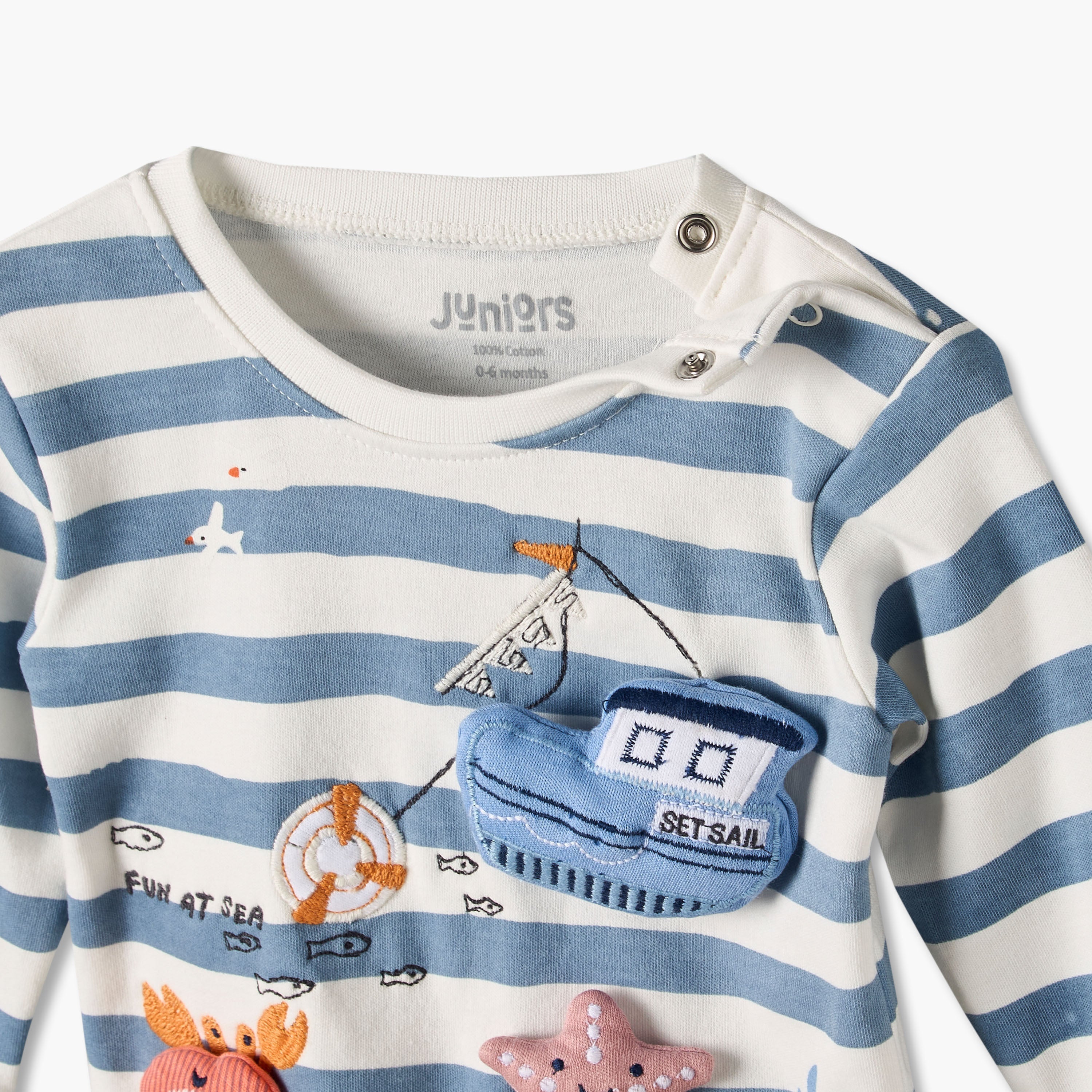 Juniors Cotton Crew Neck Long Sleeves Pyjama Set with Nautical Applique