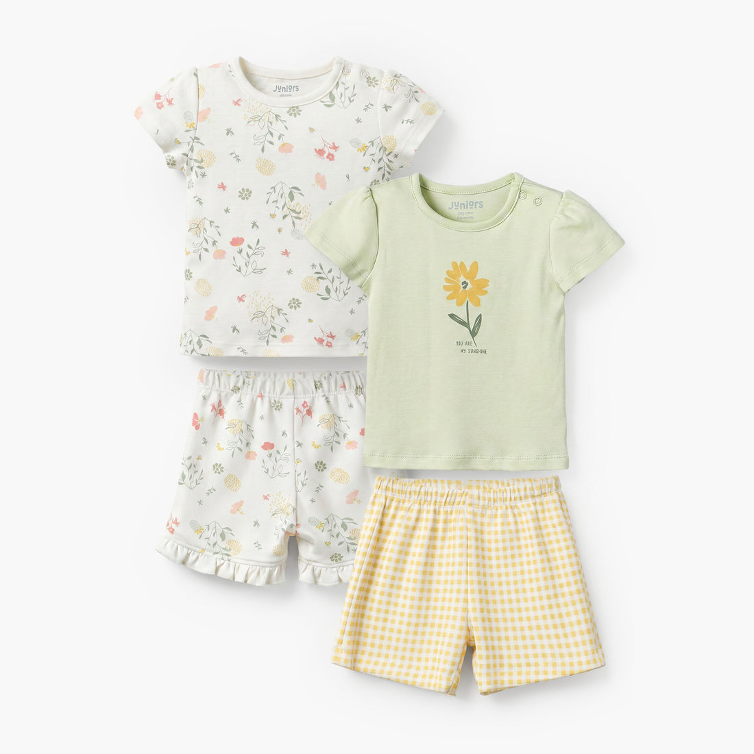 Pack of 2 Juniors Crew Neck Short Sleeves T-shirt and Shorts Set with Snap Button Closure - Green / 18-24 mths
