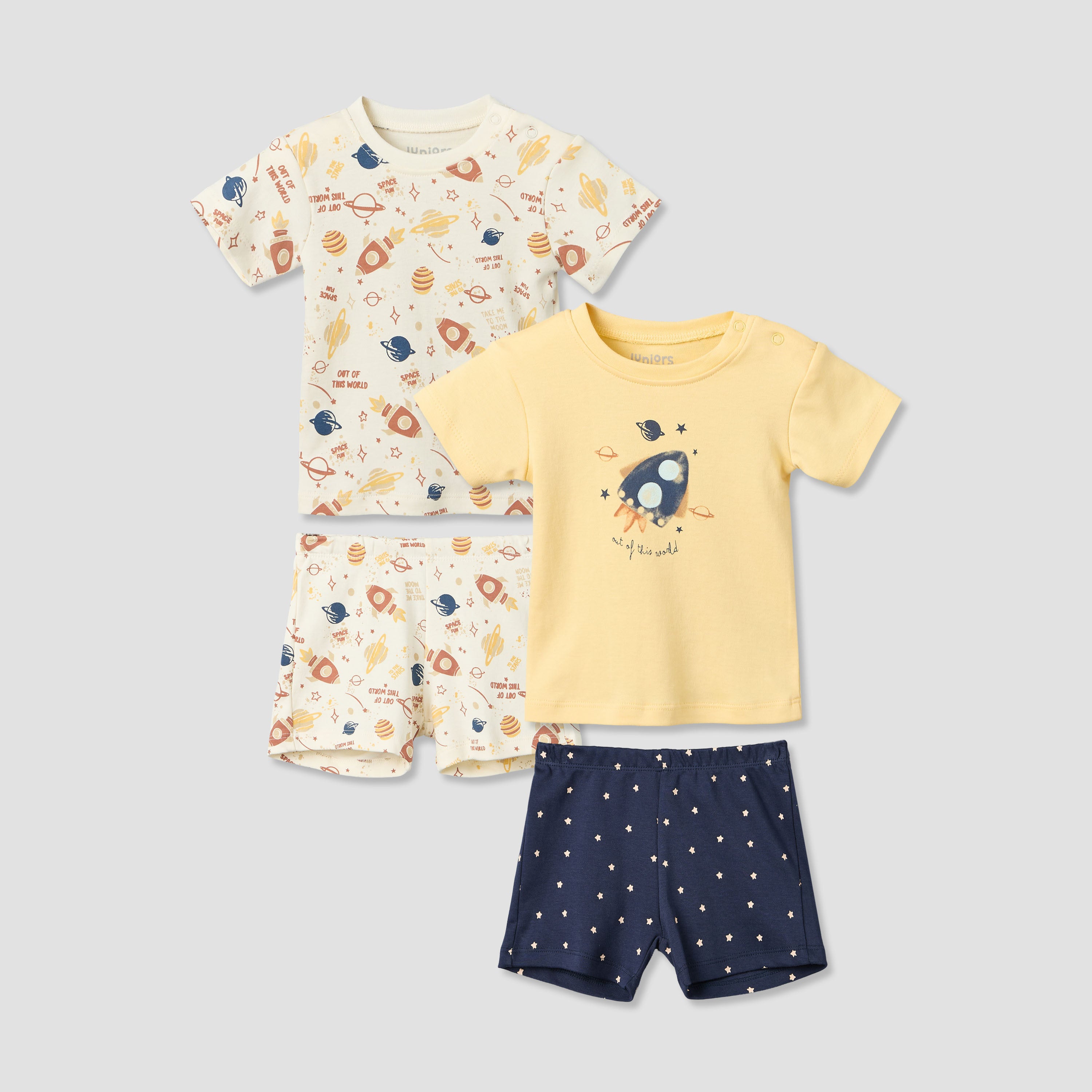 Pack of 2 Juniors Round Neck Short Sleeves T-shirt and Shorts Set with Space Print - Multicolour / 18-24 mths