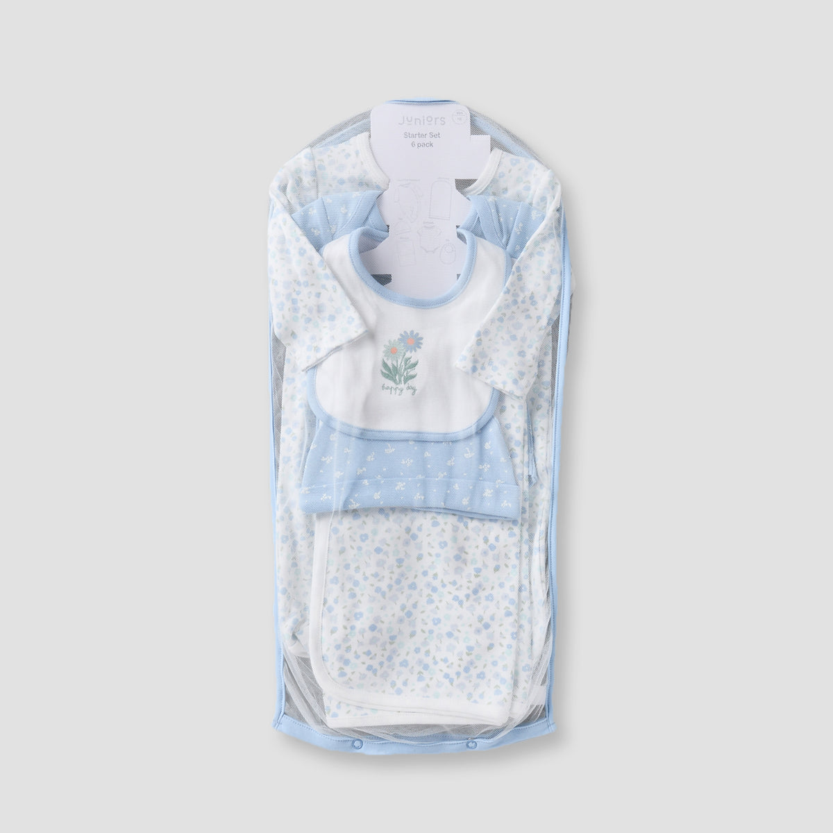 Set of 6 Juniors Clothing Gift Set with Floral Print - Blue / 0-3 mths
