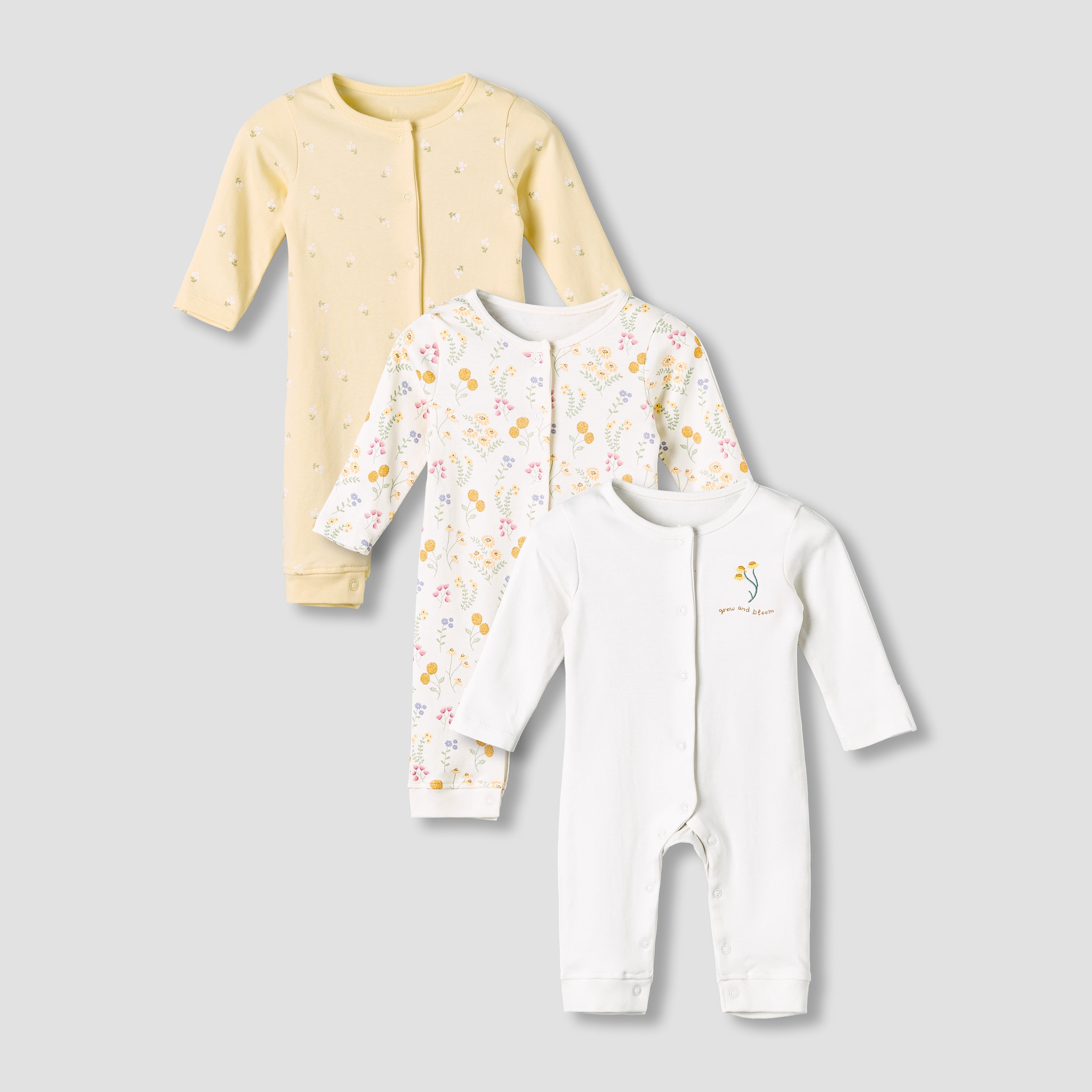 Pack of 3 Juniors Cotton Round Neck Long Sleeve Sleepsuit with Snap Button Closure - Yellow / 12-18 mths