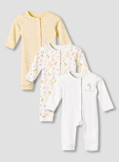 Pack of 3 Juniors Cotton Round Neck Long Sleeve Sleepsuit with Snap Button Closure-baby-girls-clothing-nightwear-sleepsuits-image-1