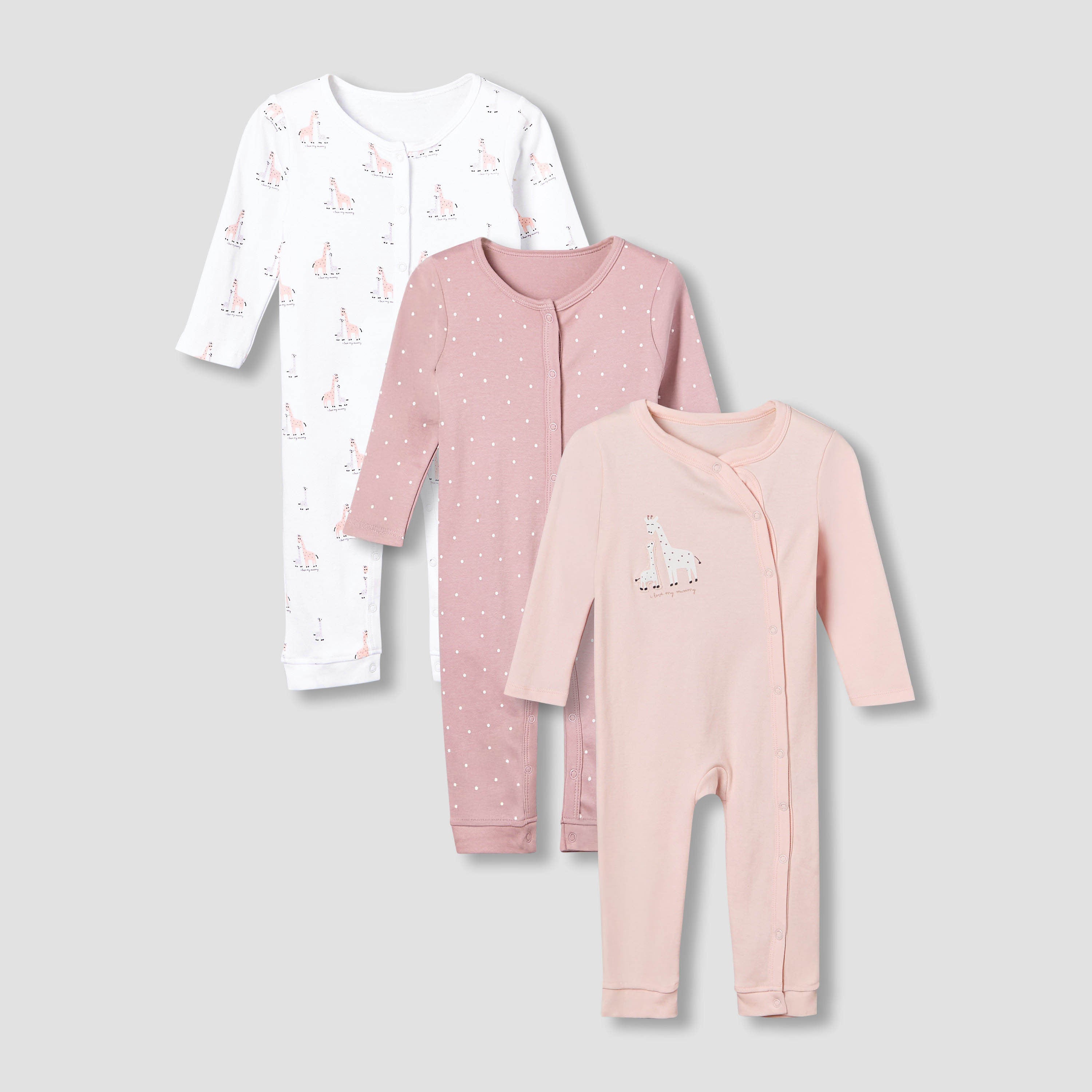 Pack of 3 Juniors Cotton Round Neck Long Sleeves Sleepsuit with Giraffe Print - Pink / 12-18 mths
