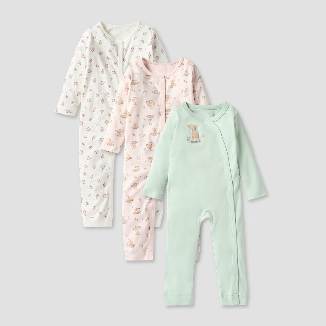 Juniors Printed Sleepsuit with Button Closure and Long Sleeves - Set of 3 - Multicolour / 12-18 mths