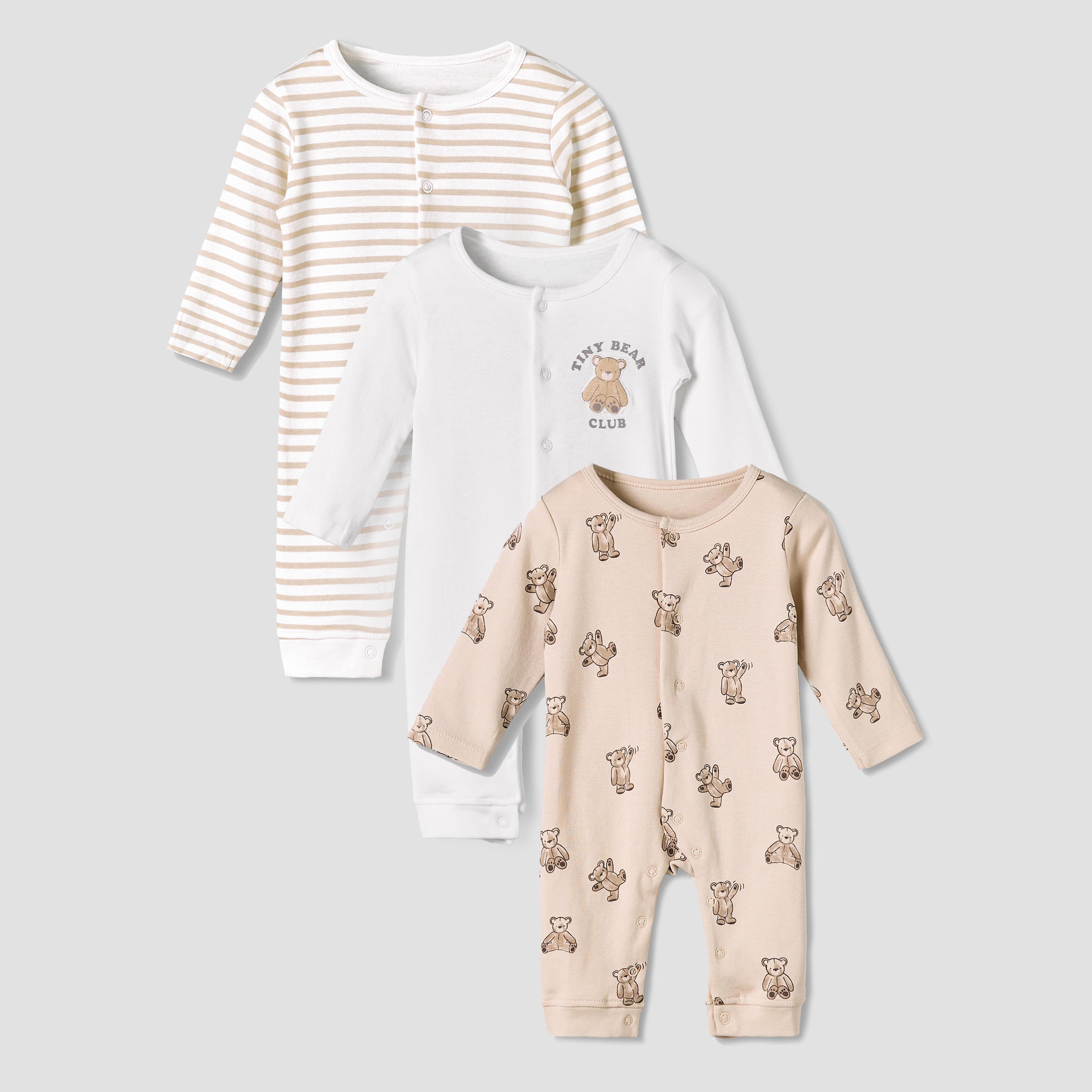 Pack of 3 Juniors Cotton Round Neck Long Sleeve Sleepsuit with Snap Button Closure - Beige / 12-18 mths