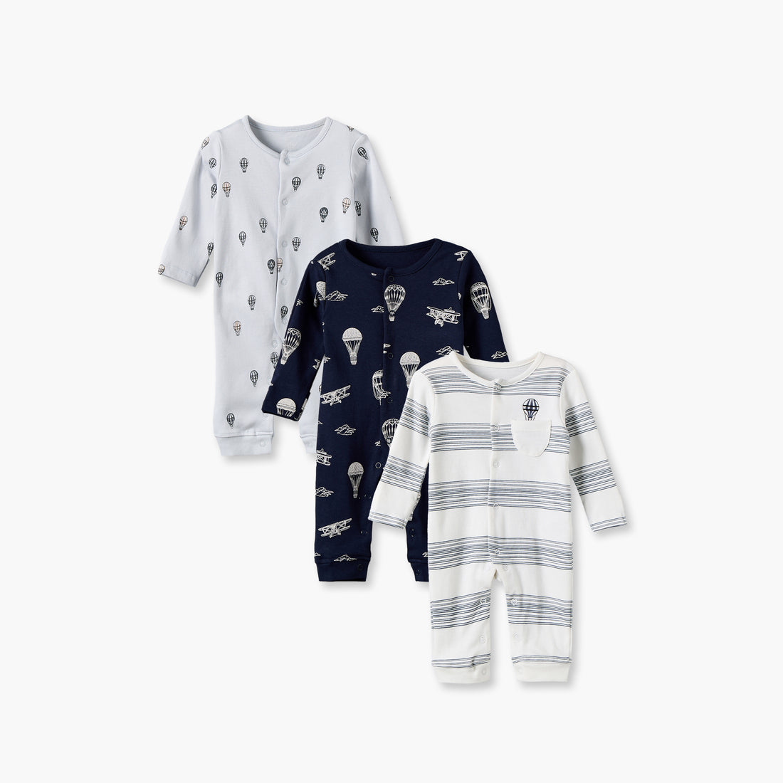 Pack of 3 Juniors Cotton Crew Neck Long Sleeves Sleepsuit with Hot Air Balloon Print - Multicolour / 12-18 mths